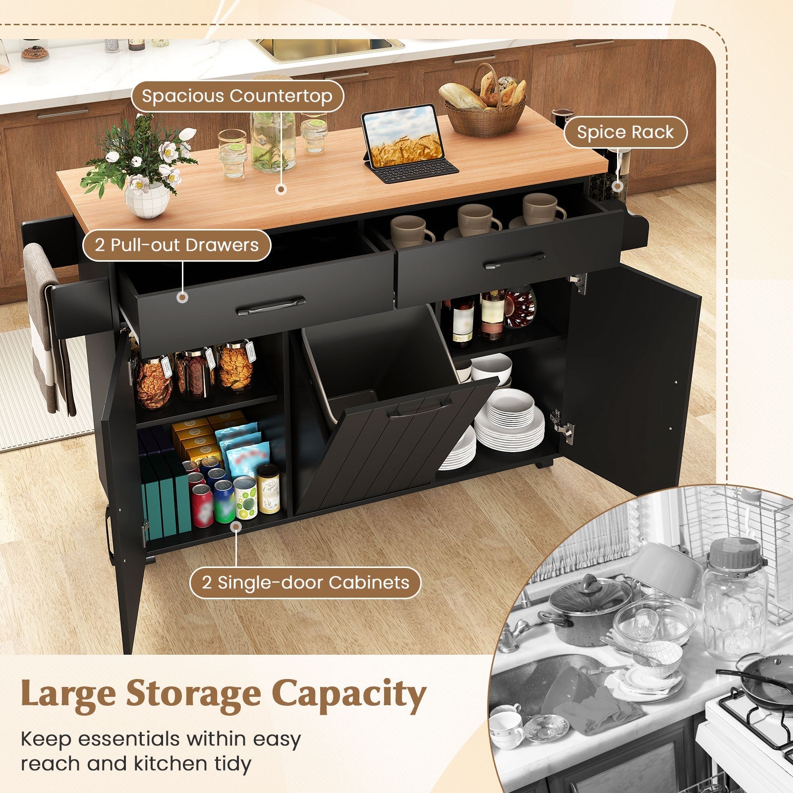 Mobile Kitchen Island Table with Trash Bag Storage for Dining Room