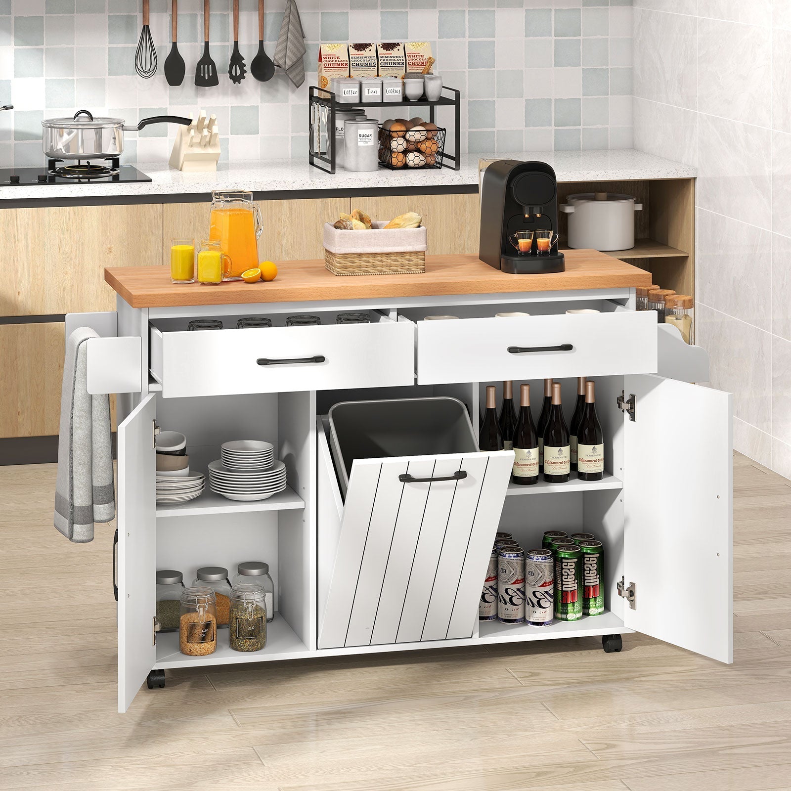 Mobile Kitchen Island Table with Trash Bag Storage for Dining Room