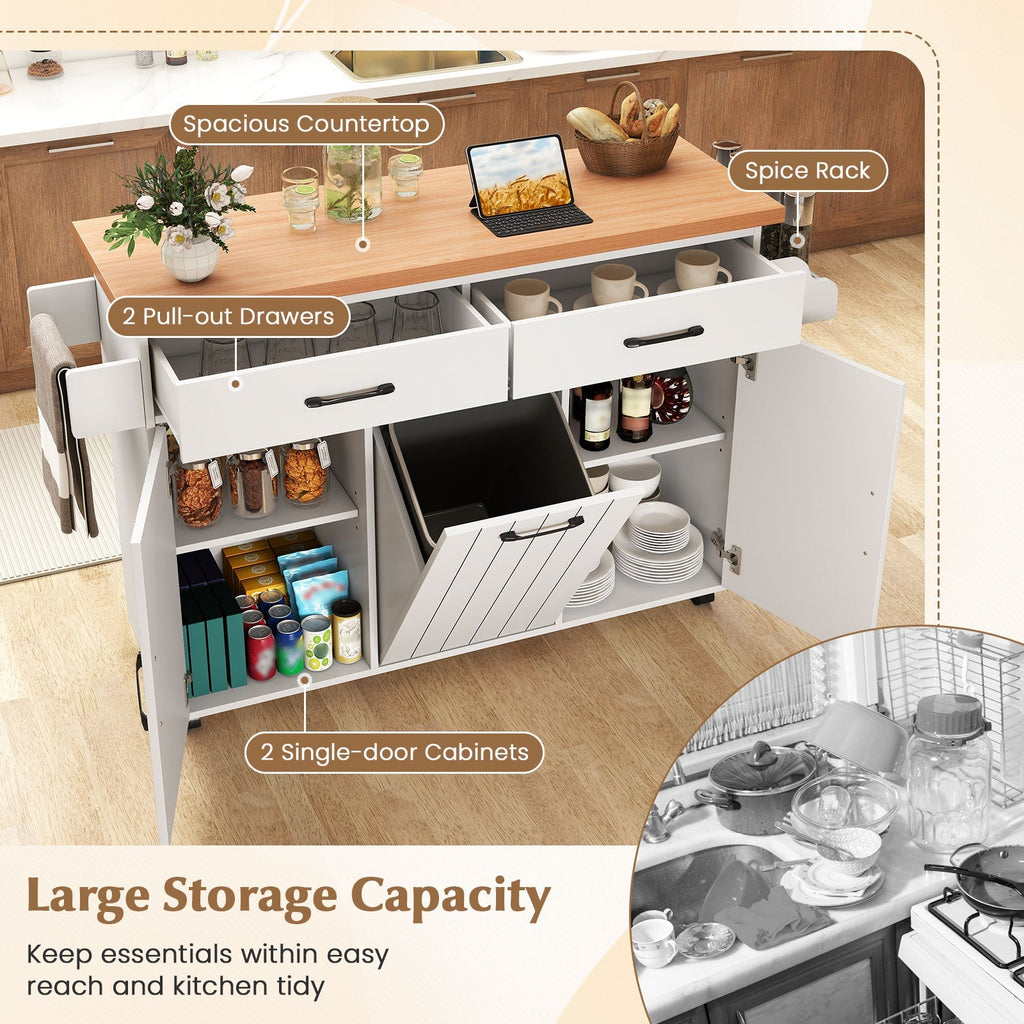 Mobile Kitchen Island Table with Trash Bag Storage for Dining Room