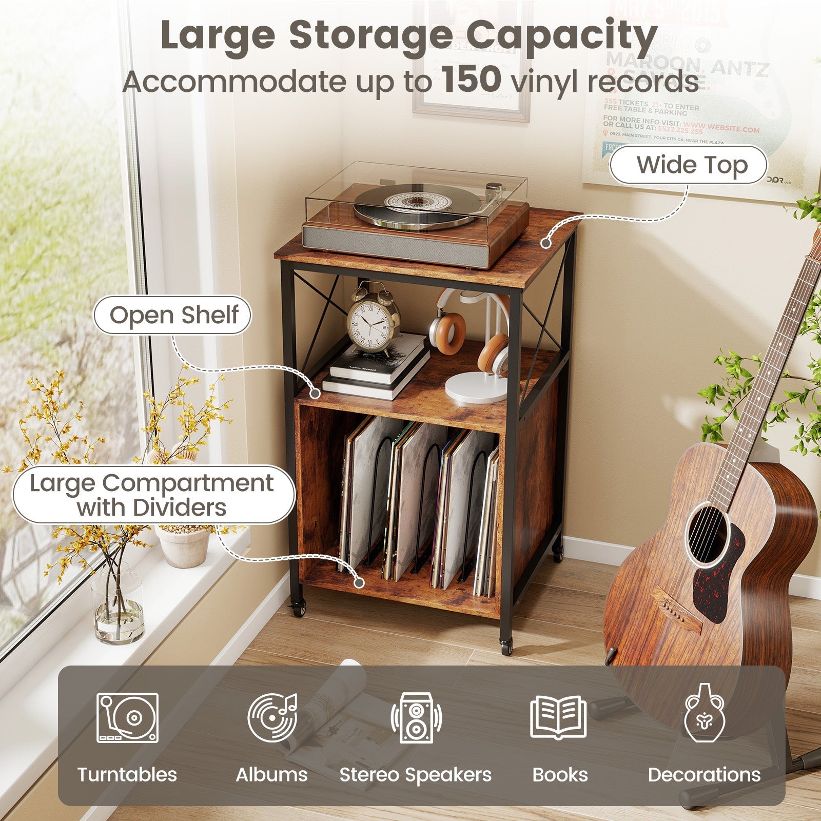 Mobile Record Player Stand with Power Outlet with Open Shelf and Dividers-Rustic Brown