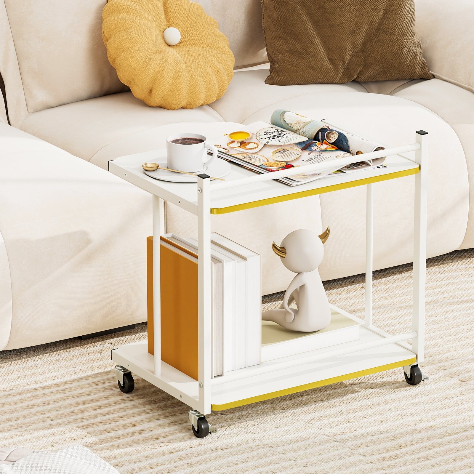 Mobile Side Table 2-Tier Rolling End Table with Open Shelves & Golden Trimmed Edges-White