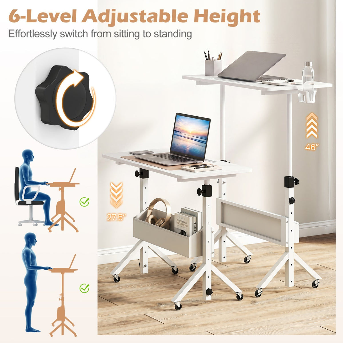 Mobile Standing Desk with Adjustable Height and Wheels