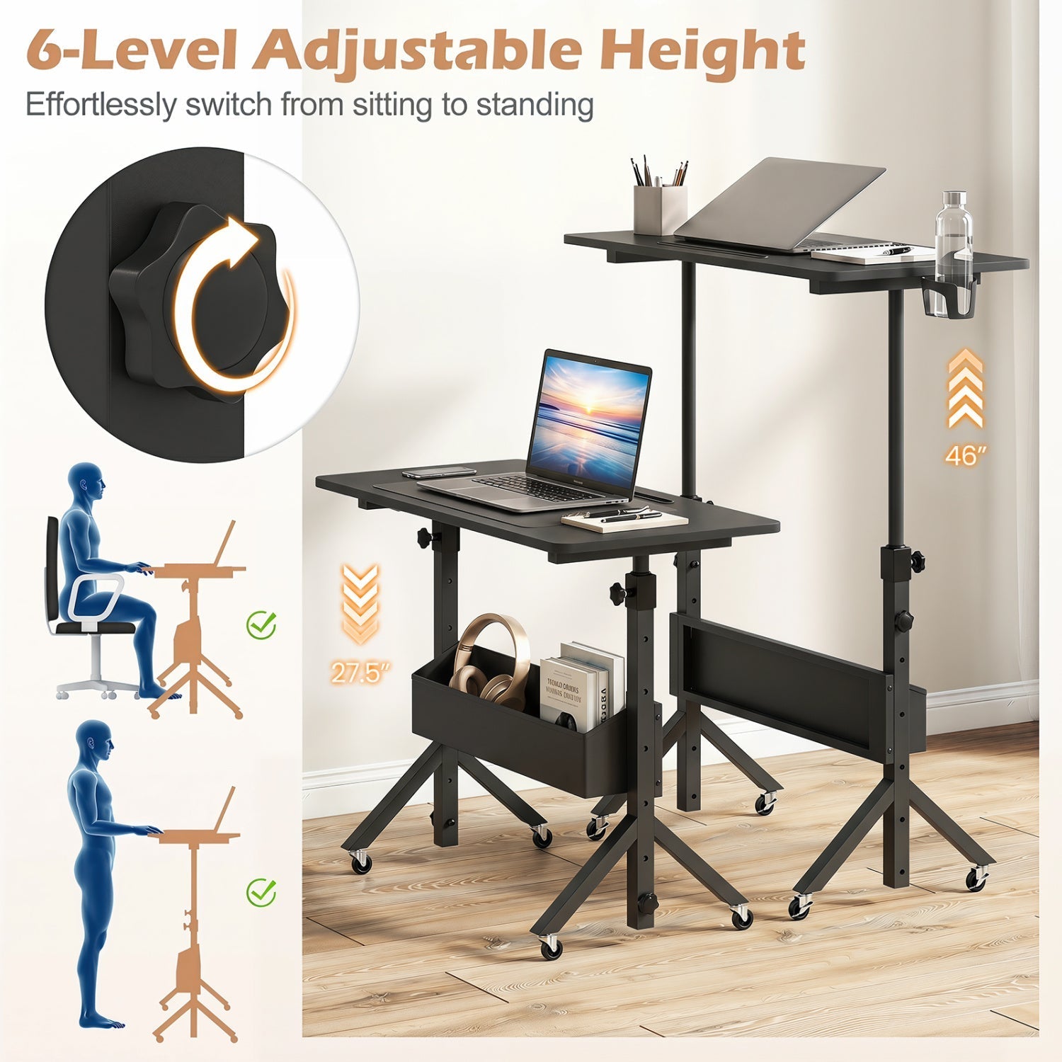 Mobile Standing Desk with Adjustable Height and Wheels