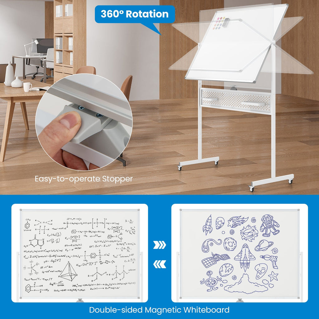 Mobile Whiteboard Adjustable Double-Sided Magnetic Board with Pegboard-White