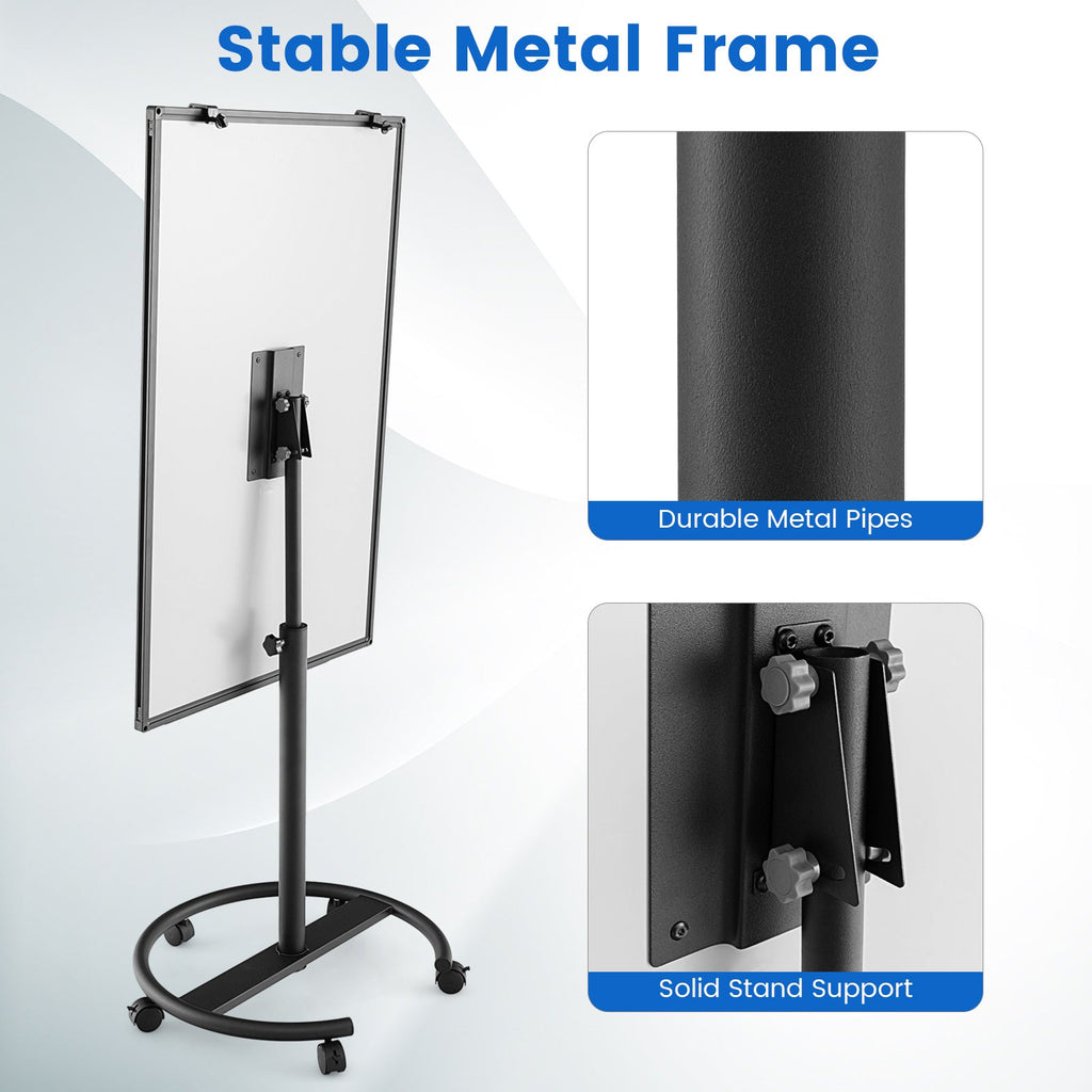 Height-Adjustable Mobile Whiteboard with Round Stand Paper Clips
