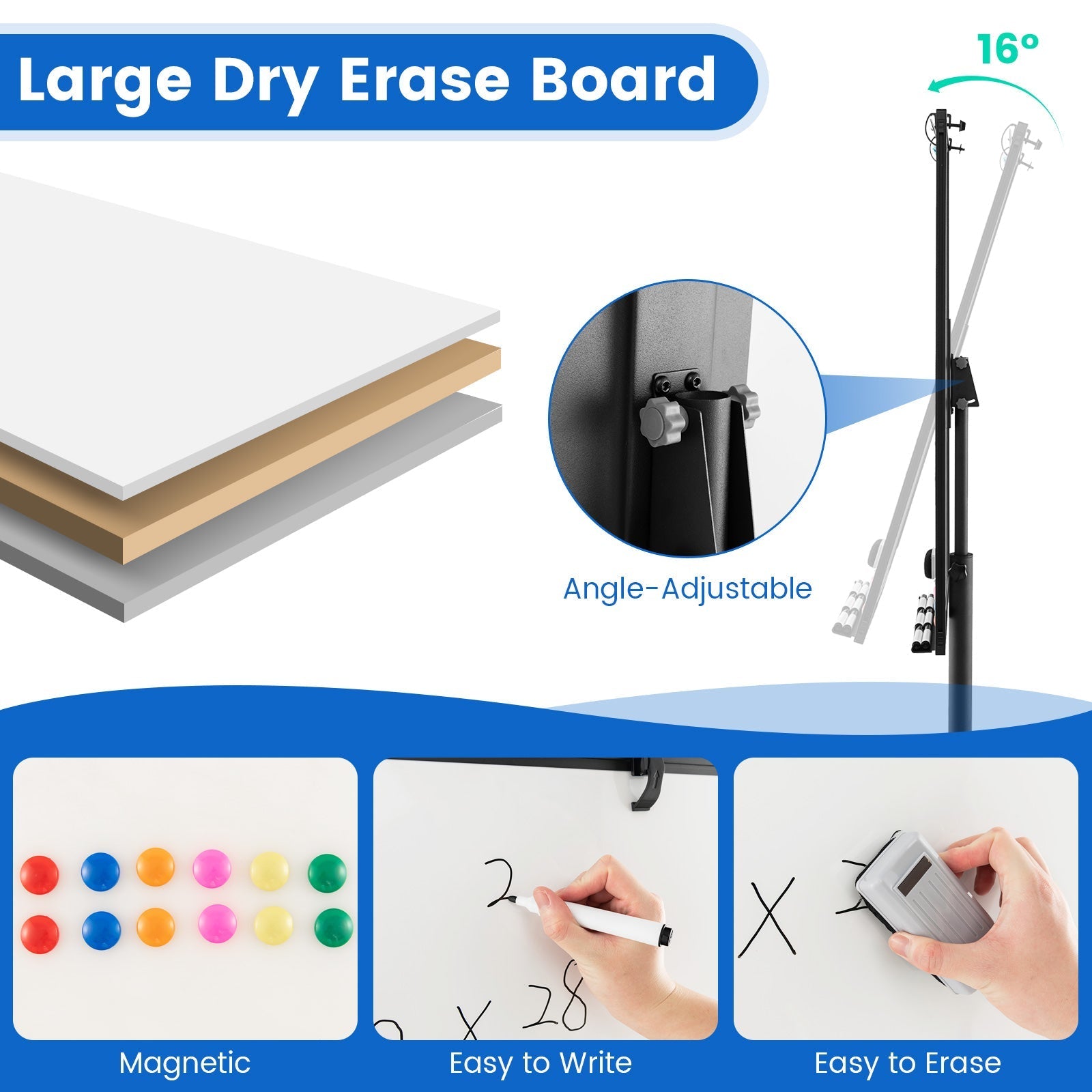 Height-Adjustable Mobile Whiteboard with Round Stand Paper Clips
