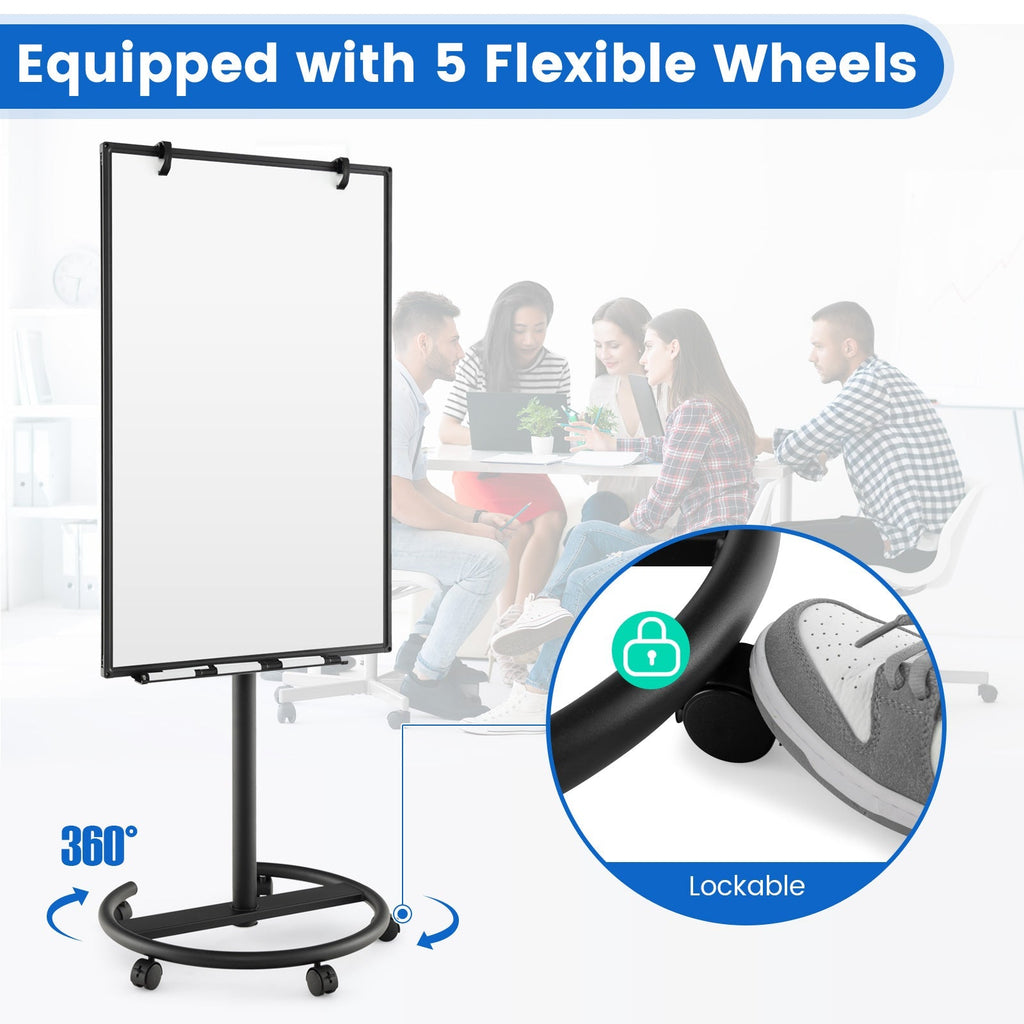 Height-Adjustable Mobile Whiteboard with Round Stand Paper Clips
