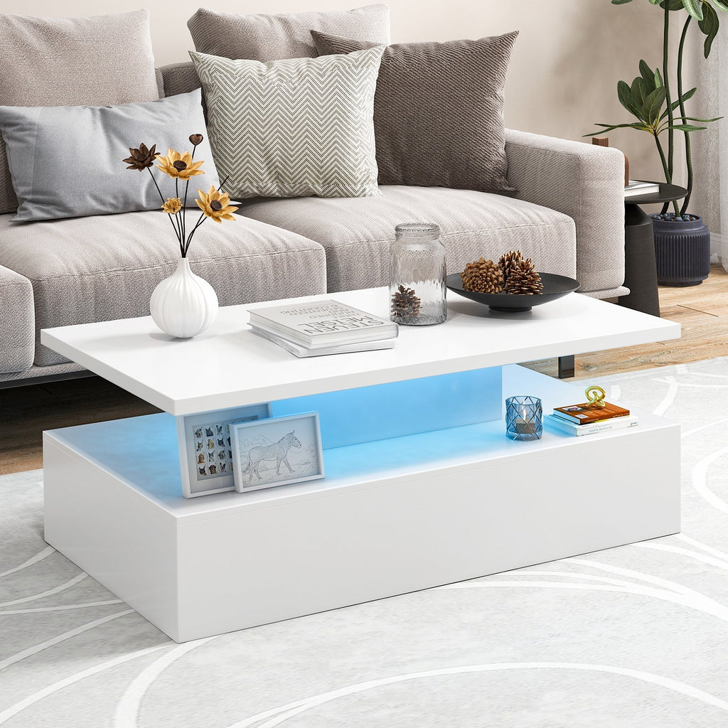 Modern 2-tier High Glossy Table with Adjustable Light Colors for Living Room