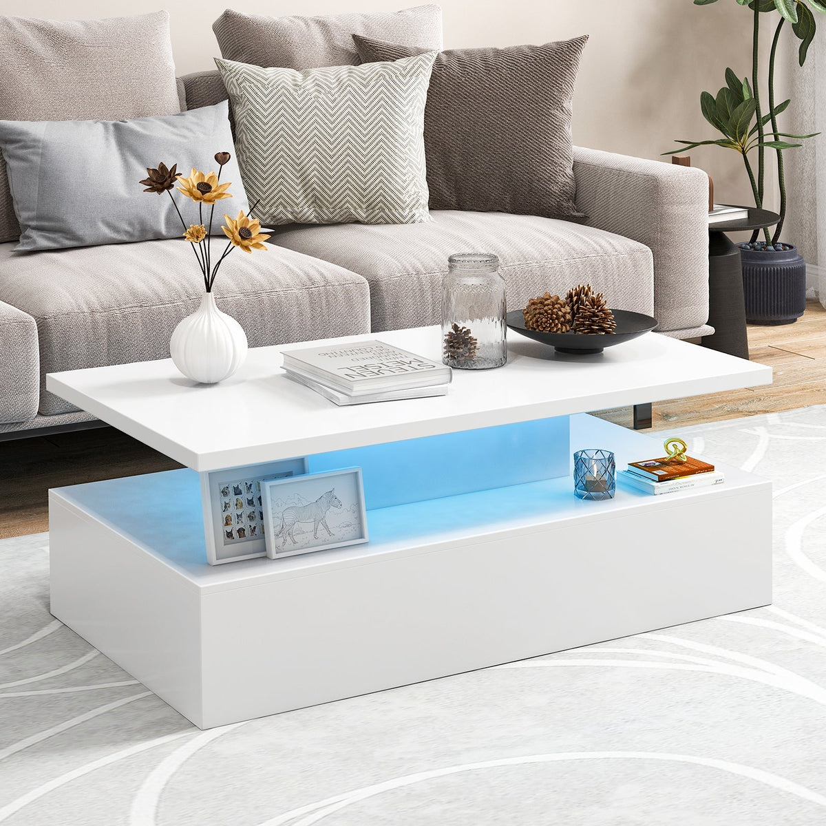 Modern 2-tier High Glossy Table with Adjustable Light Colors for Living Room