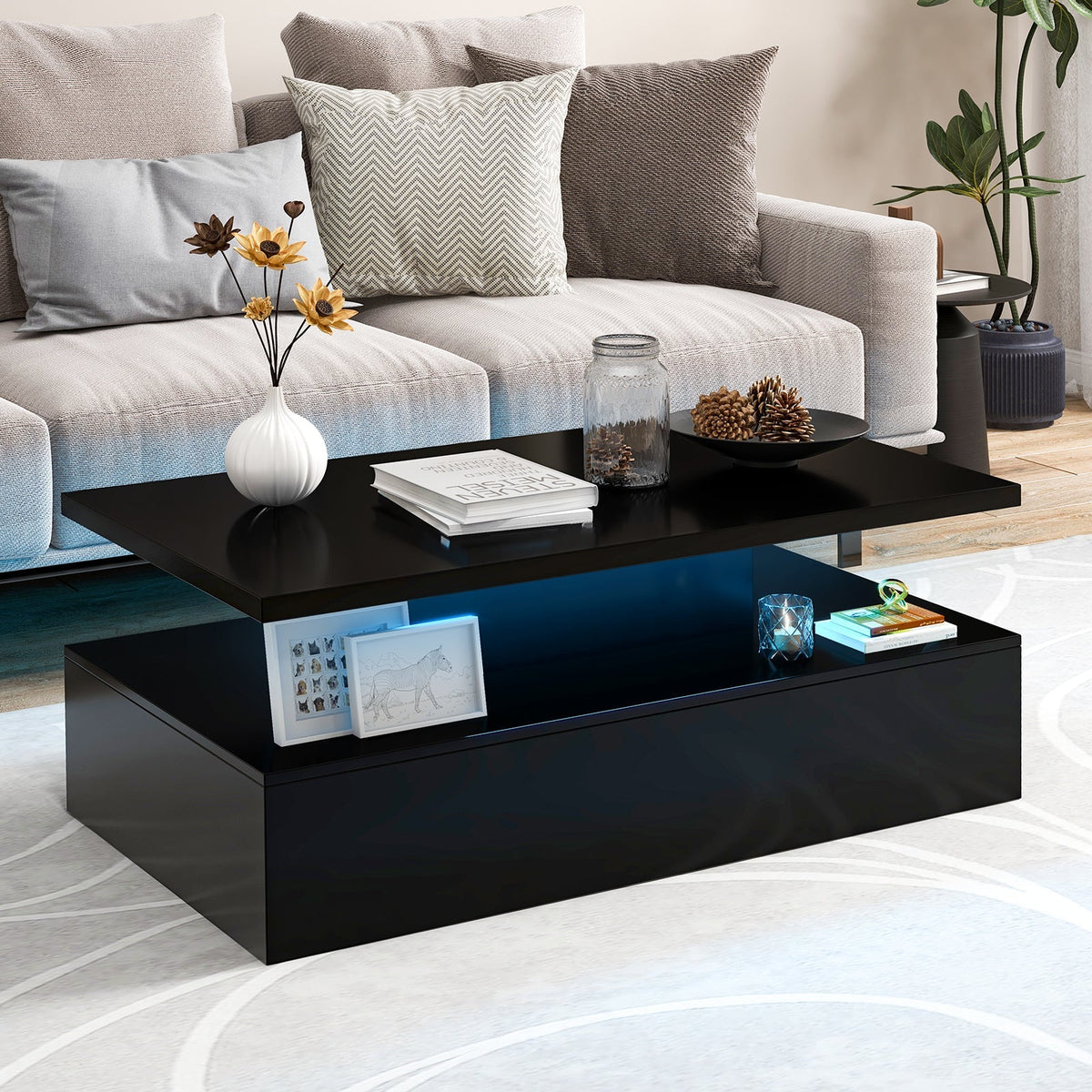 Modern 2-tier High Glossy Table with Adjustable Light Colors for Living Room