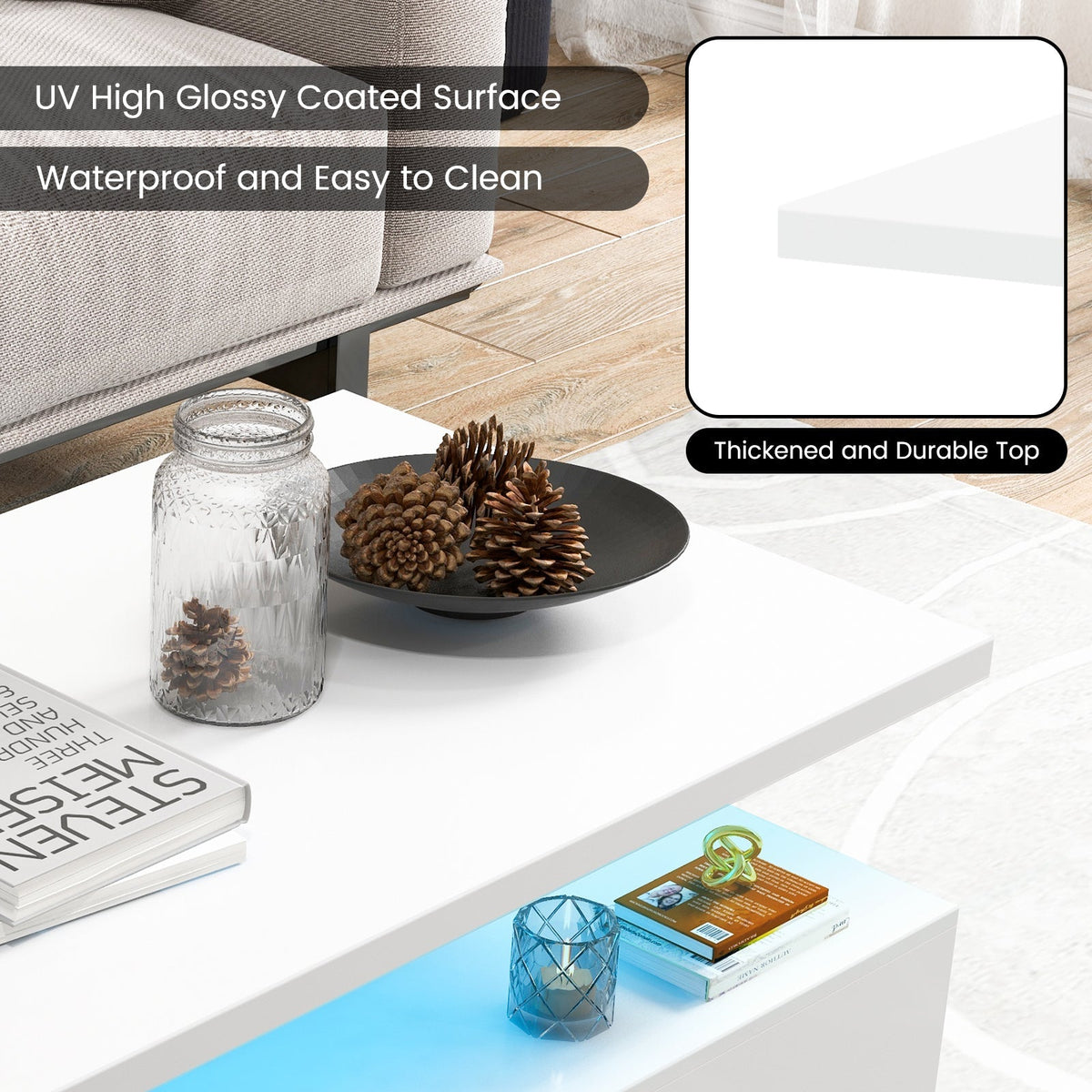 Modern 2-tier High Glossy Table with Adjustable Light Colors for Living Room