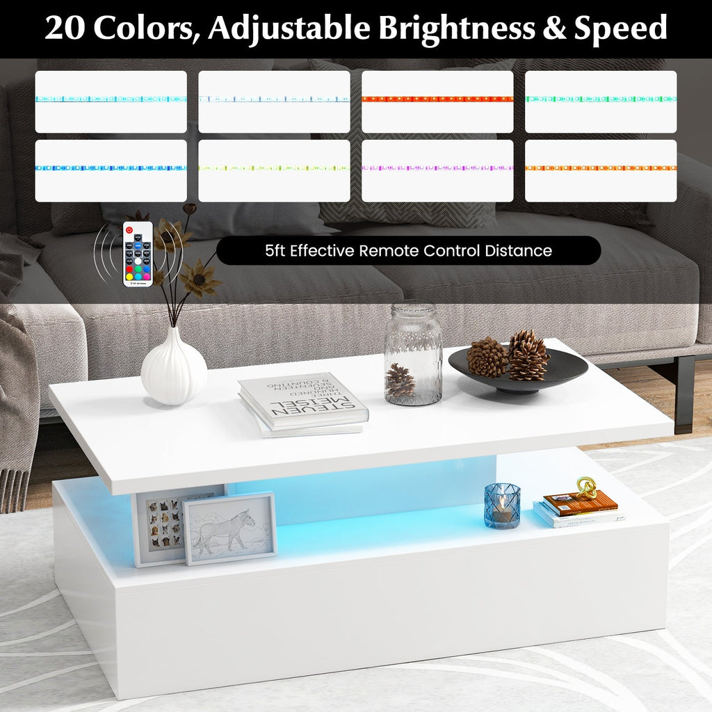 Modern 2-tier High Glossy Table with Adjustable Light Colors for Living Room