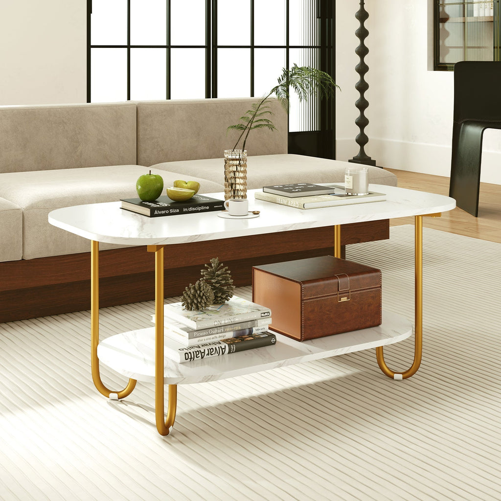 Modern 2-tier Faux Marble Top Coffee Table-White
