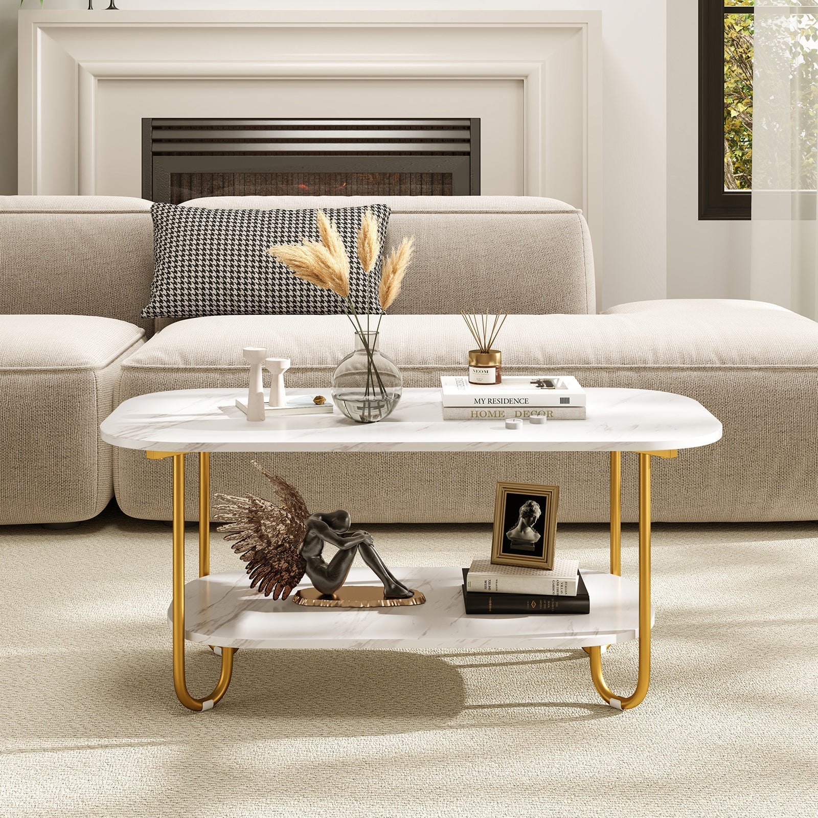 Modern 2-tier Faux Marble Top Coffee Table-White