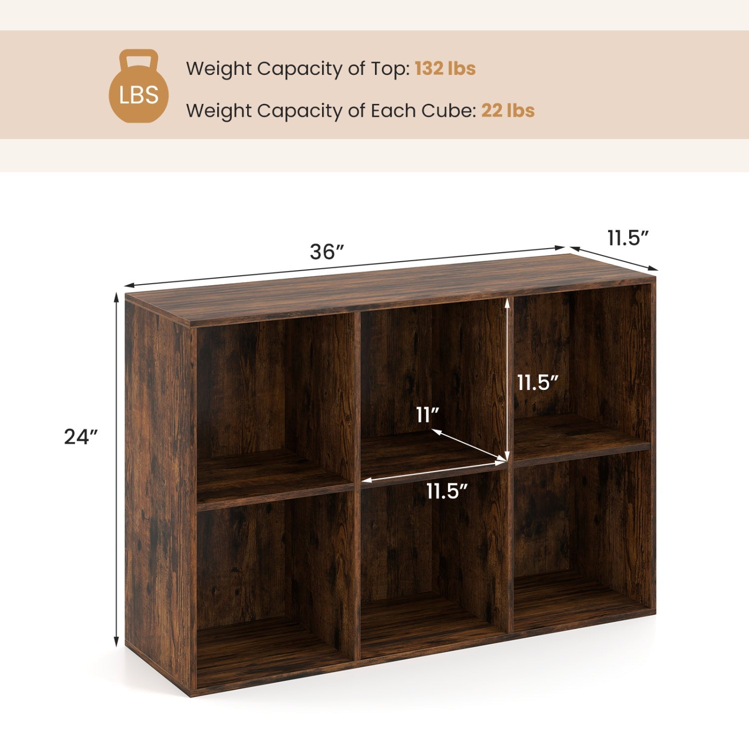 6-Cube Bookcase with Anti-Tipping Kit - Rustic Brown