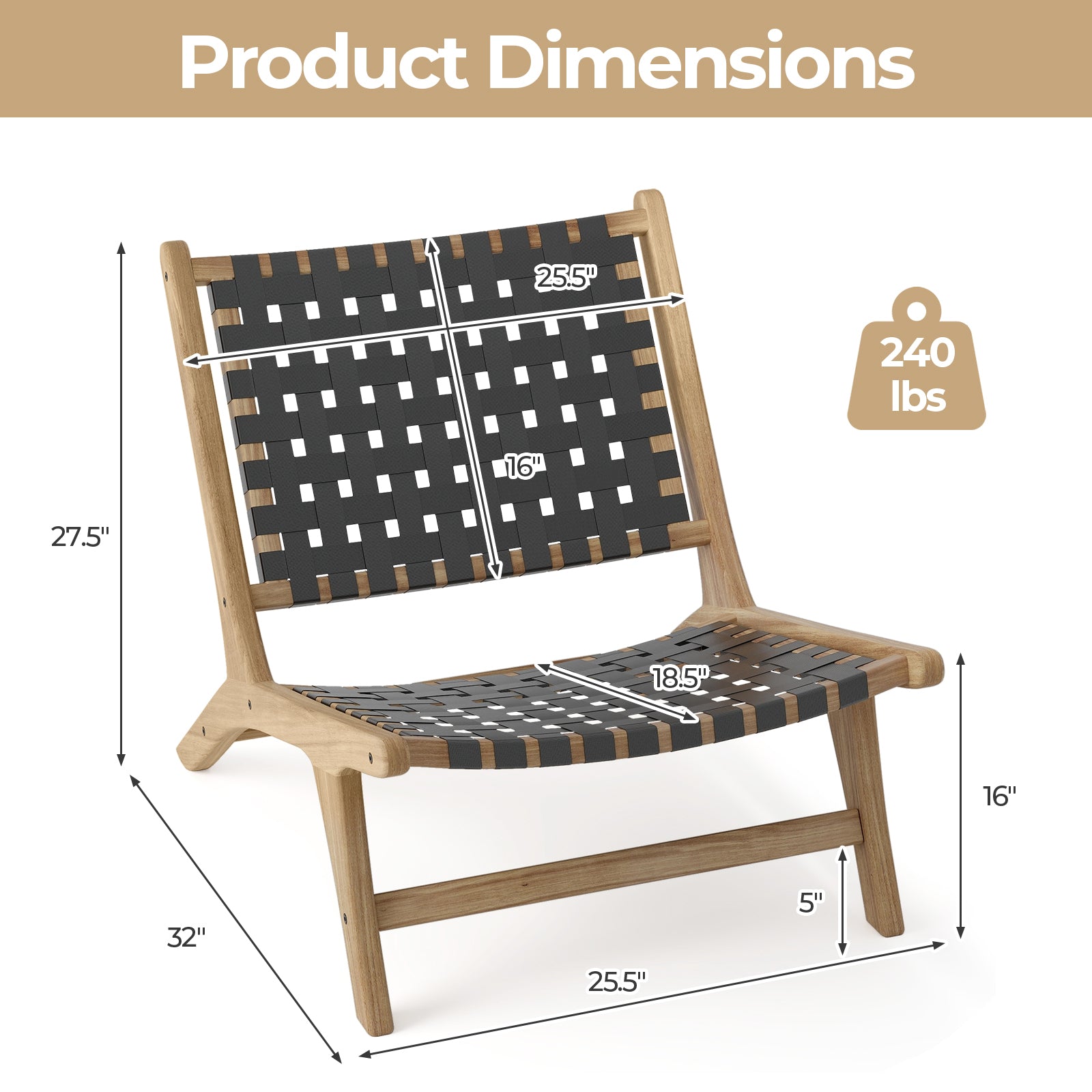 Modern Armless Teak Wood Lounge Chair with Nylon Woven Backrest and Seat