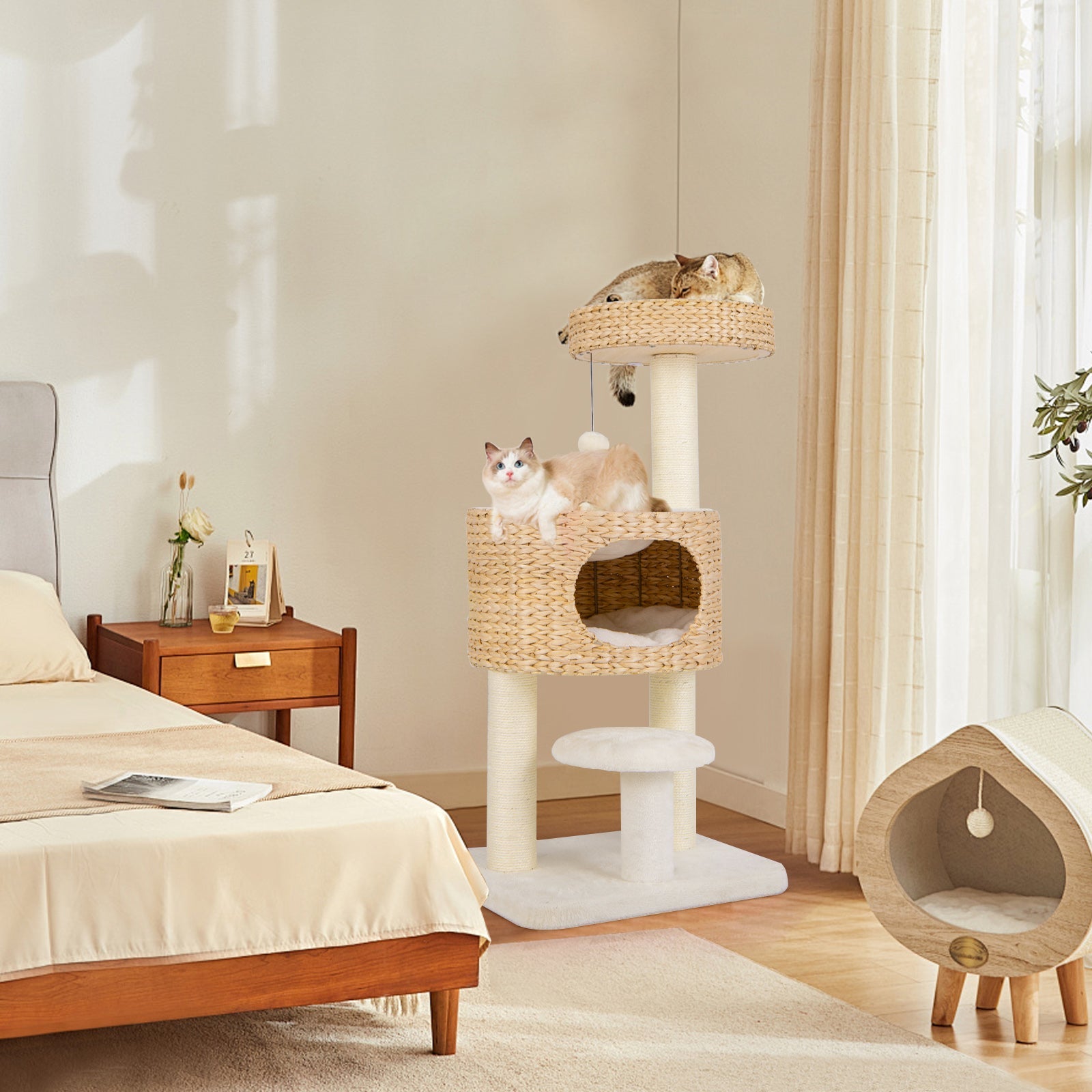 Modern Cat Tower Cat Tree with Top Perch Cattail Fluff Condo-Natural