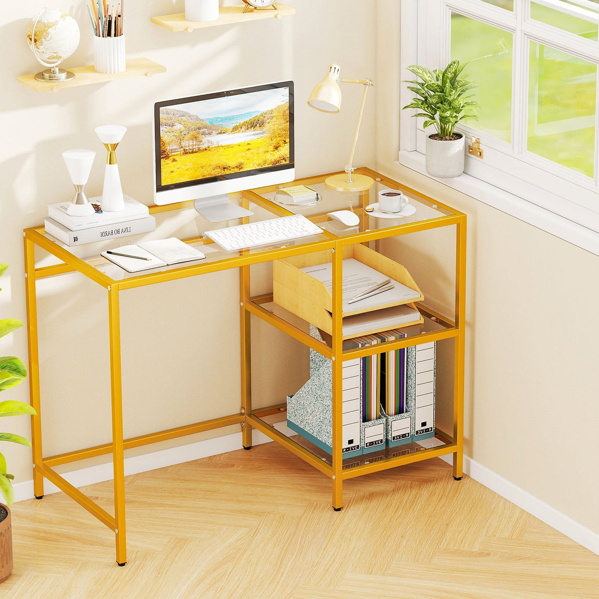 Modern Console Table with 2 Open Shelves and Metal Frame-Golden