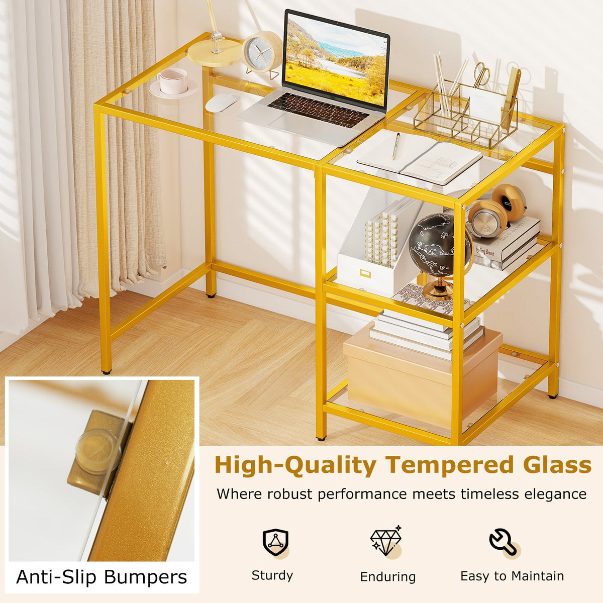 Modern Console Table with 2 Open Shelves and Metal Frame-Golden