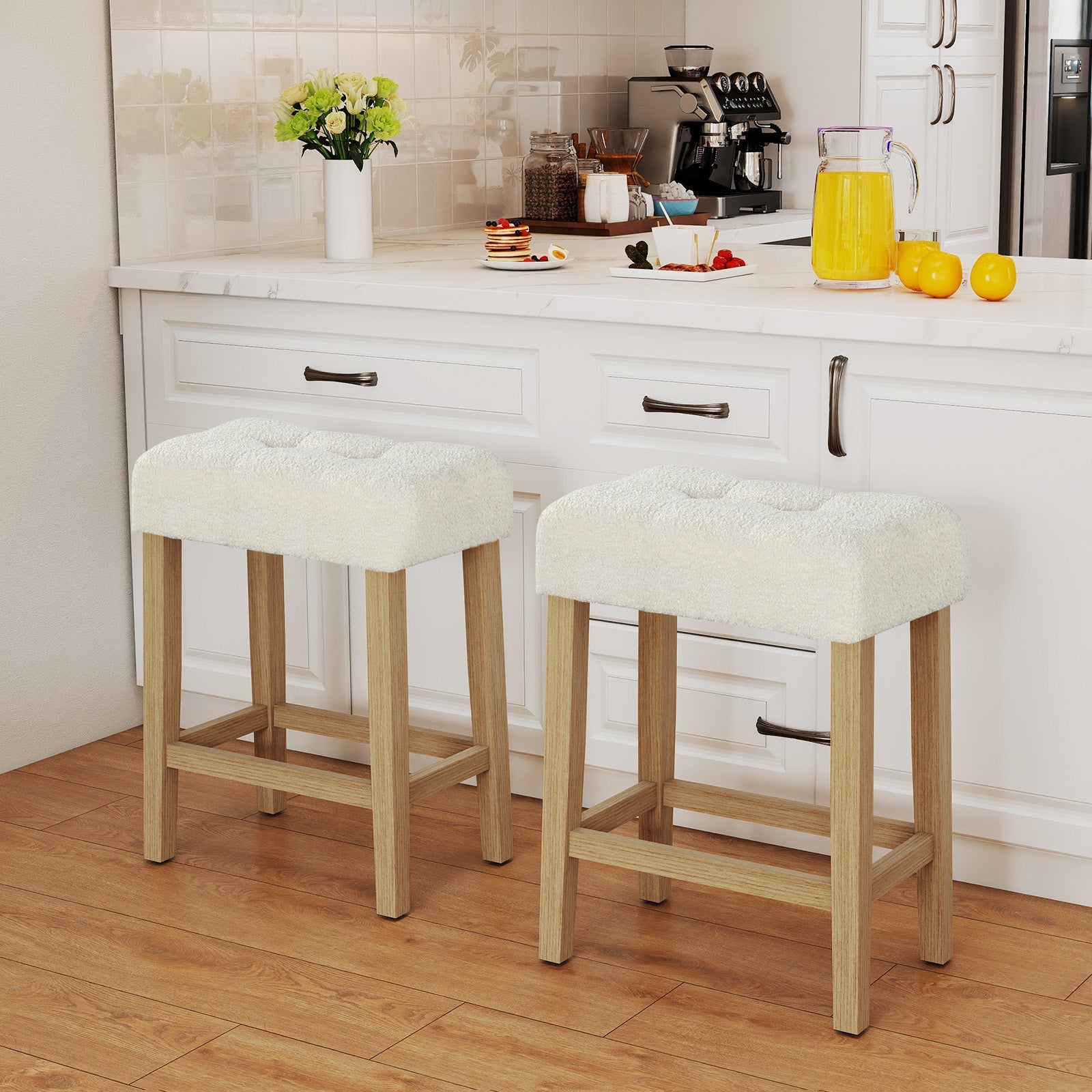 Modern Counter Height Bar Stools Set of 2 with Rubber Wood Legs