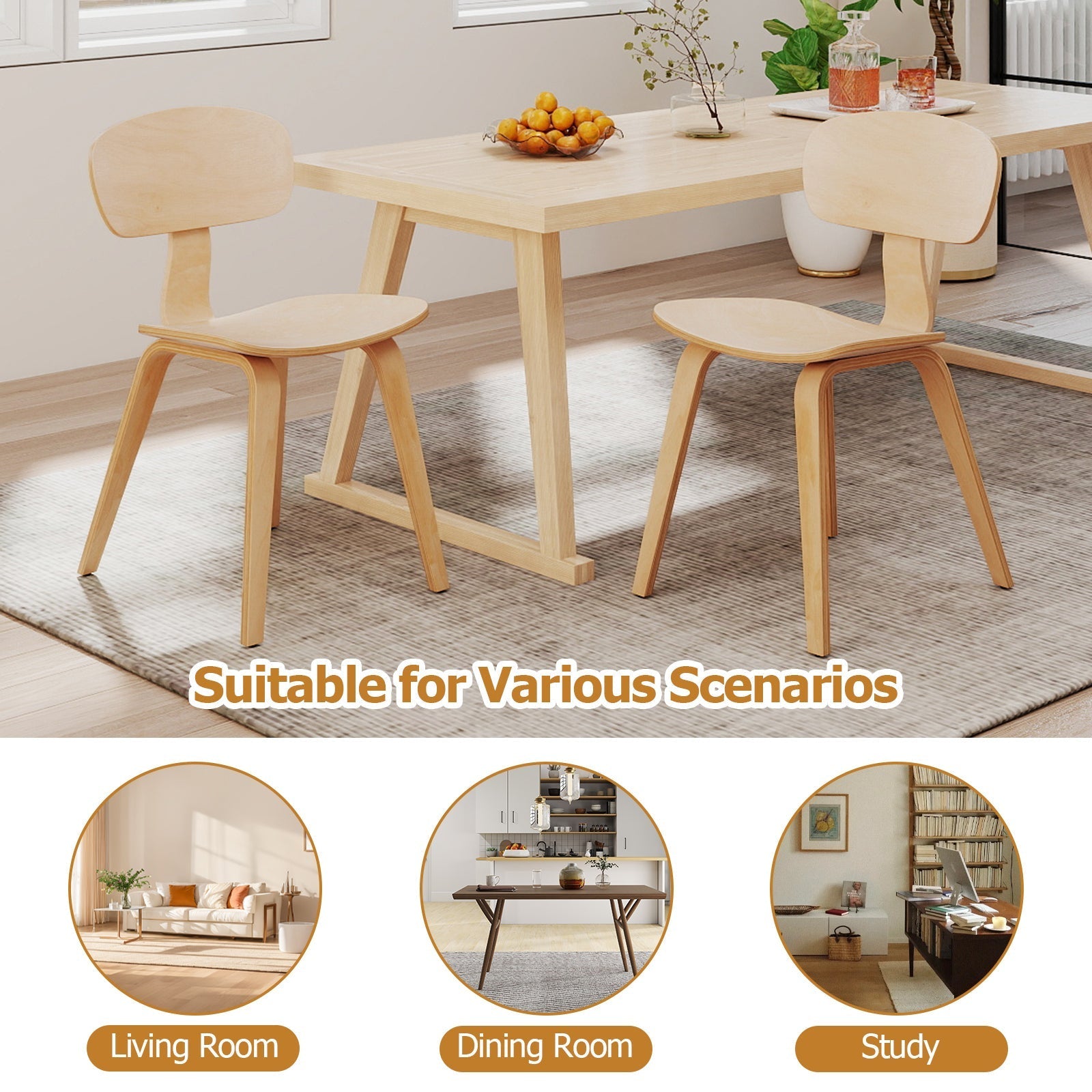 Modern Dining Chair Set of 2 with Wide Seat-Natural