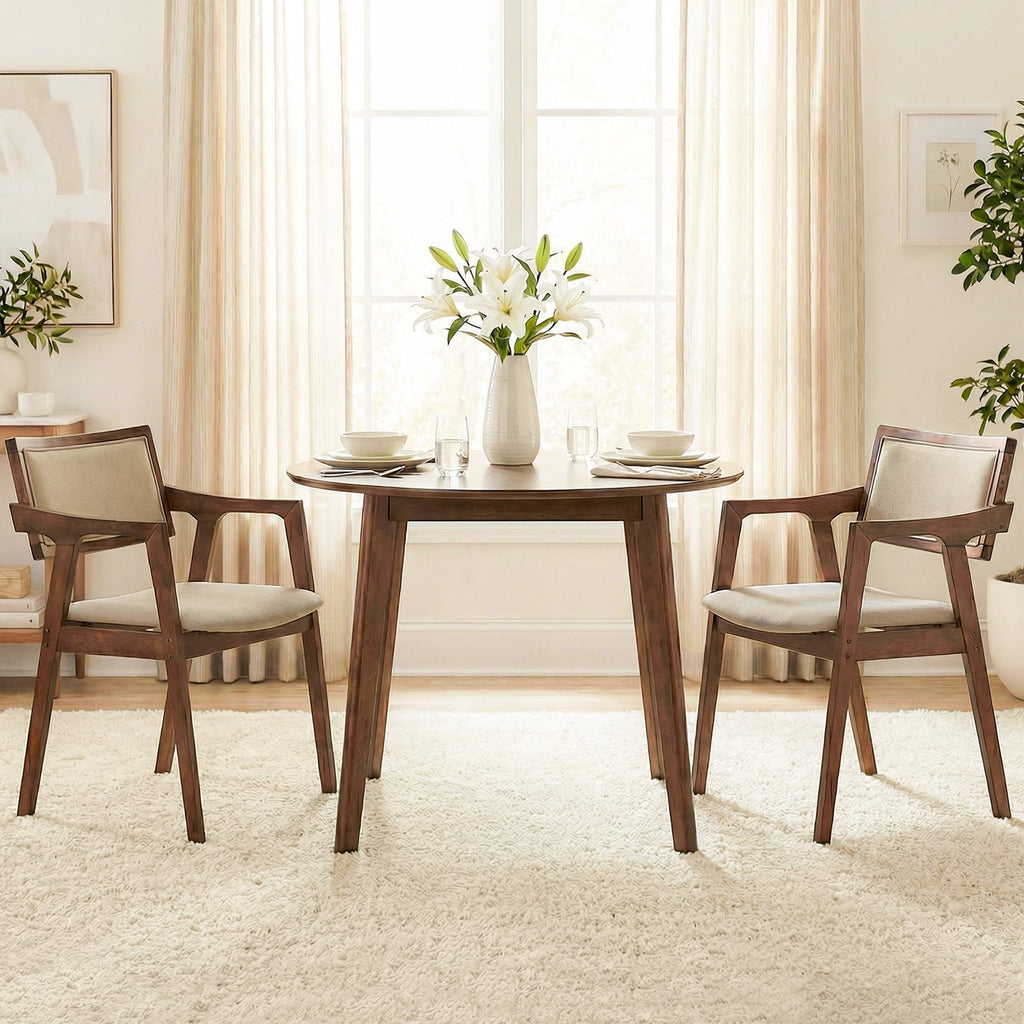 Modern Fabric Upholstered Rubber Wood Dining Chairs Set of 2 with Arms-Beige