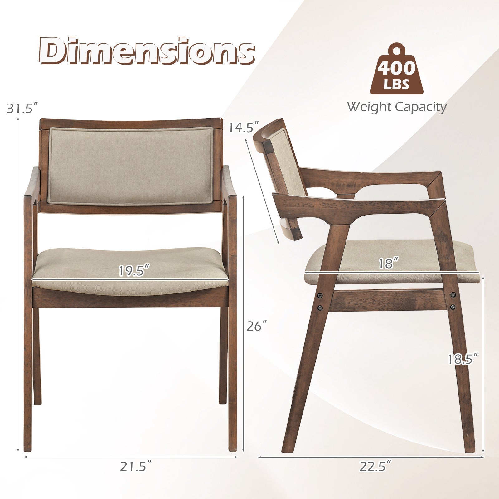 Modern Fabric Upholstered Rubber Wood Dining Chairs Set of 2 with Arms-Beige
