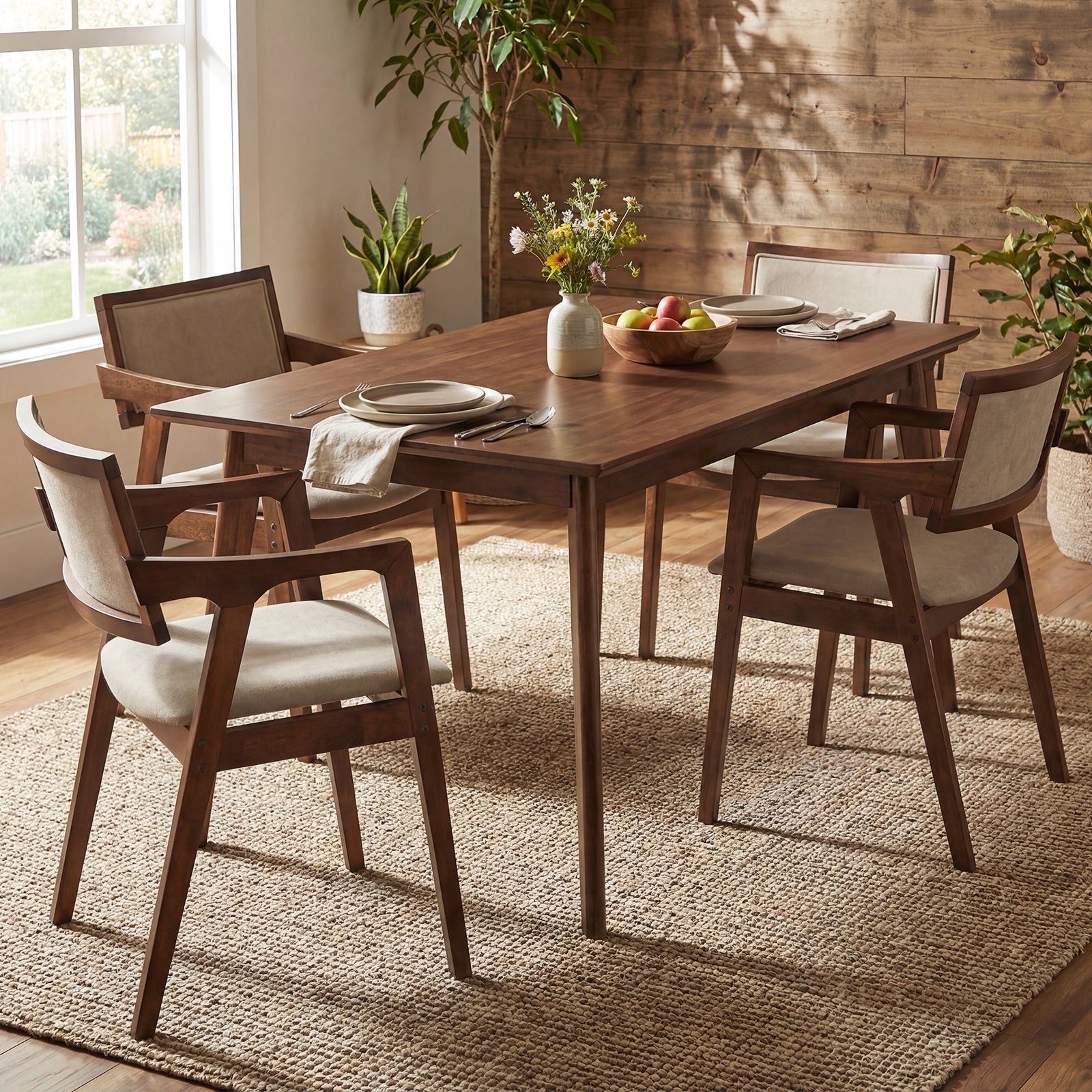 Modern Fabric Upholstered Rubber Wood Dining Chairs Set of 2 with Arms-Beige