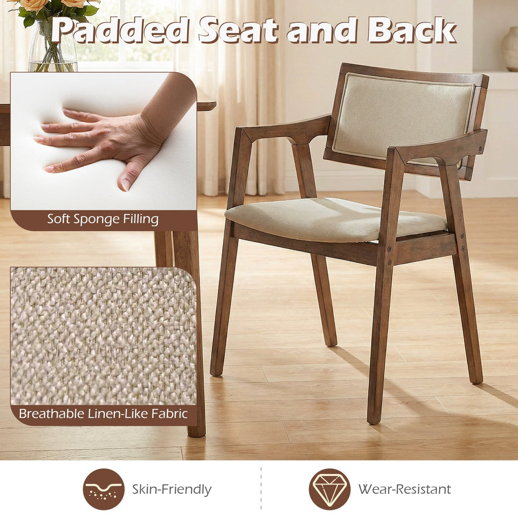 Modern Fabric Upholstered Rubber Wood Dining Chairs Set of 2 with Arms-Beige