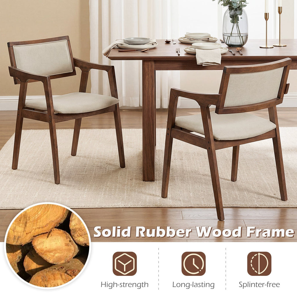 Modern Fabric Upholstered Rubber Wood Dining Chairs Set of 2 with Arms-Beige