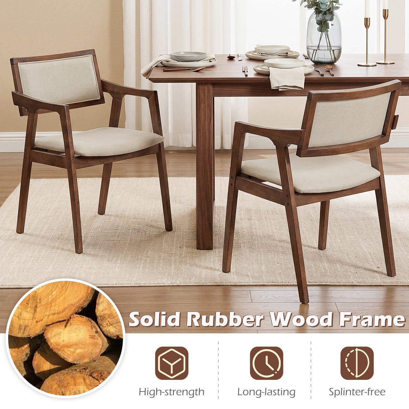 Modern Fabric Upholstered Rubber Wood Dining Chairs Set of 2 with Arms-Beige