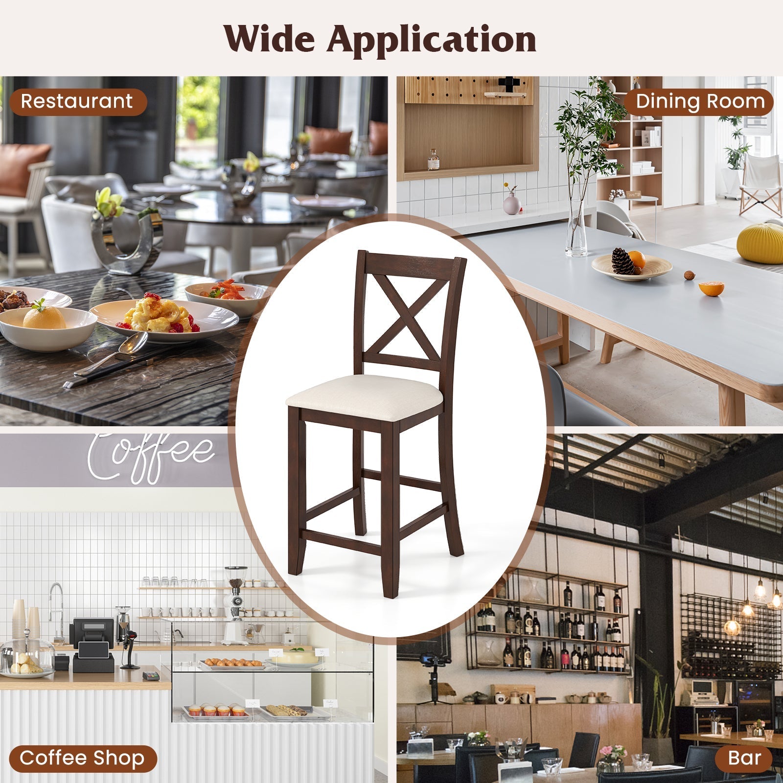Modern Farmhouse Counter Height Stools with Footrest and Cushion-Walnut