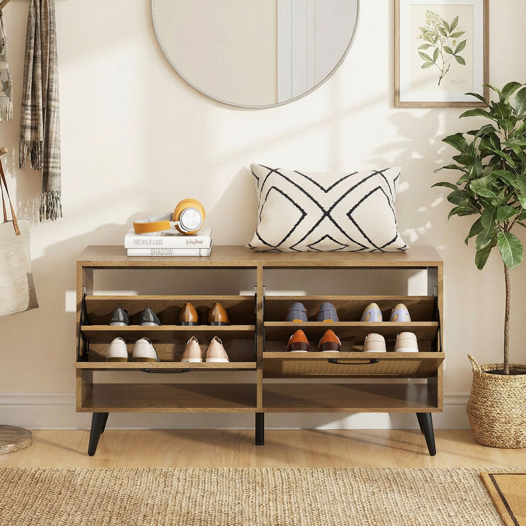 Modern Freestanding Shoe Cabinet with 2 Flip Drawers and Adjustable Shelves for Entryway-Natural