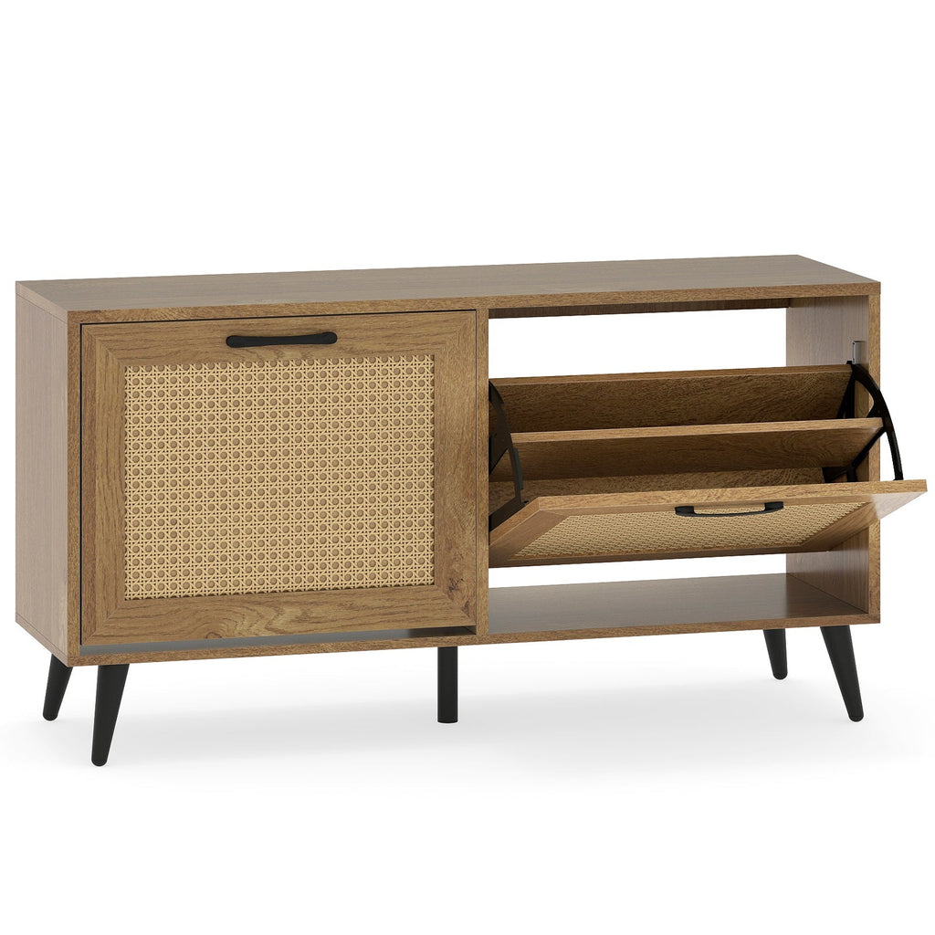 Modern Freestanding Shoe Cabinet with 2 Flip Drawers and Adjustable Shelves for Entryway-Natural