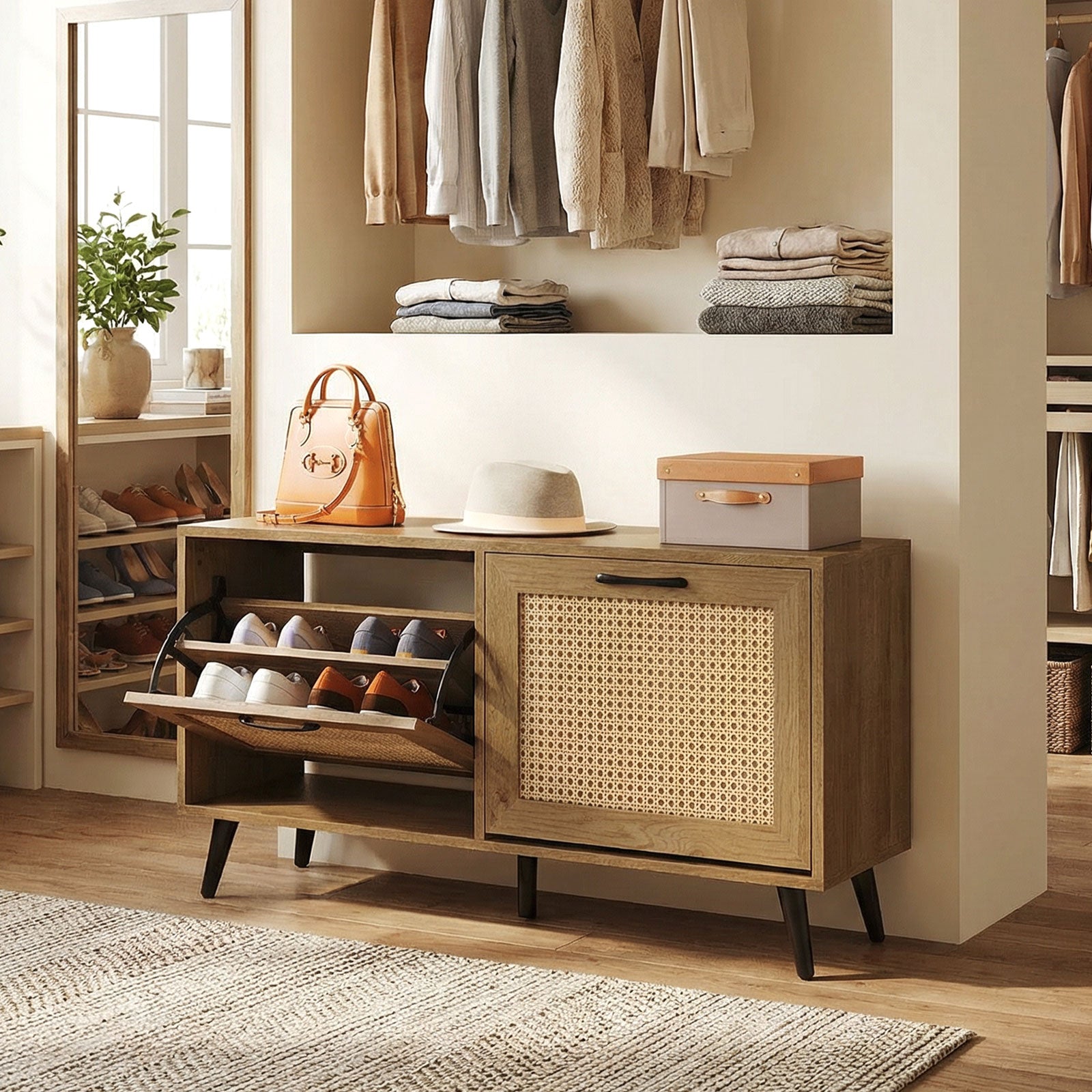 Modern Freestanding Shoe Cabinet with 2 Flip Drawers and Adjustable Shelves for Entryway-Natural