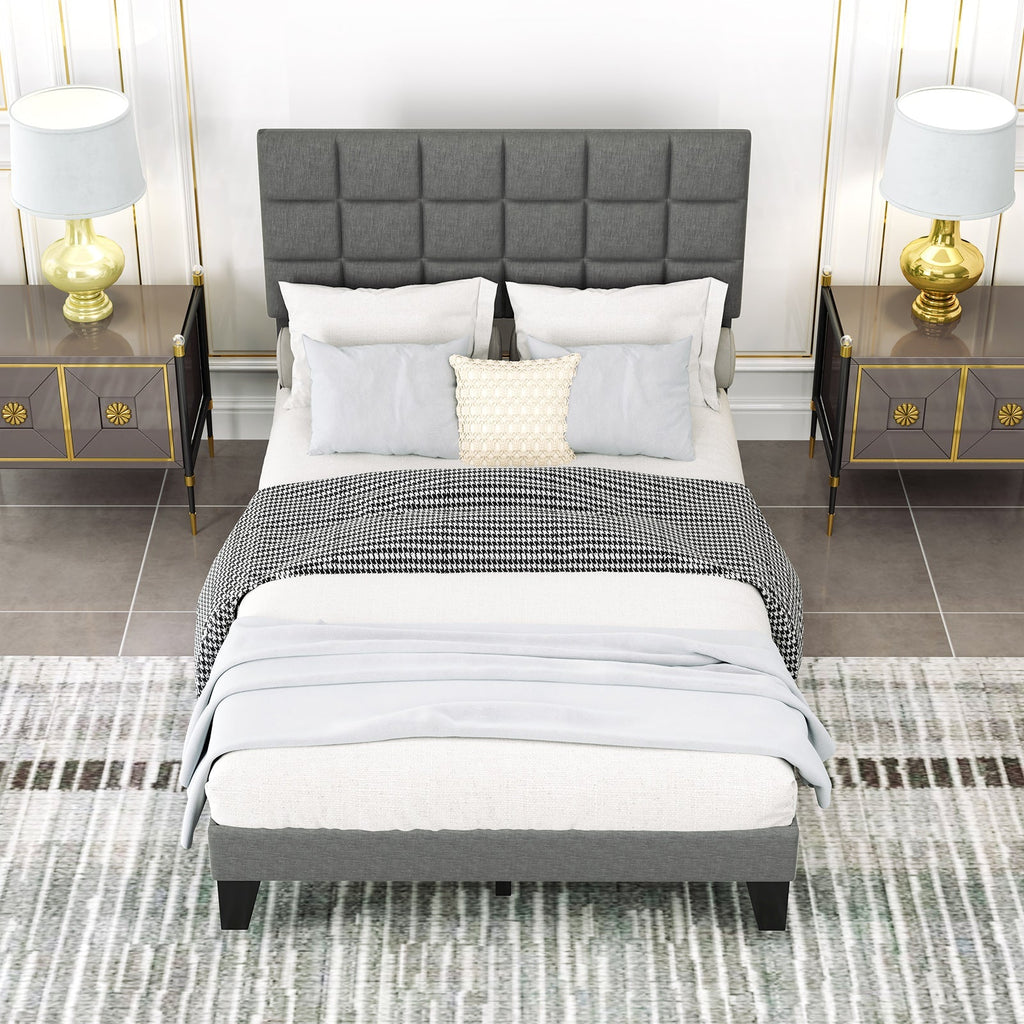 Full Size Modern Linen Bed Frame with Adjustable Headboard-Gray