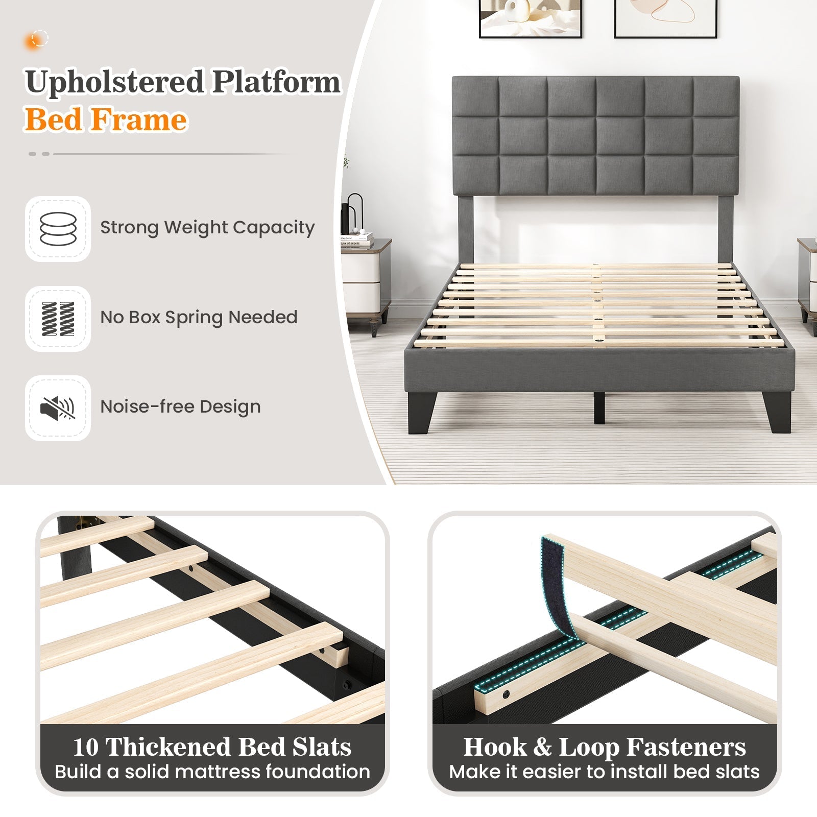 Full Size Modern Linen Bed Frame with Adjustable Headboard-Gray
