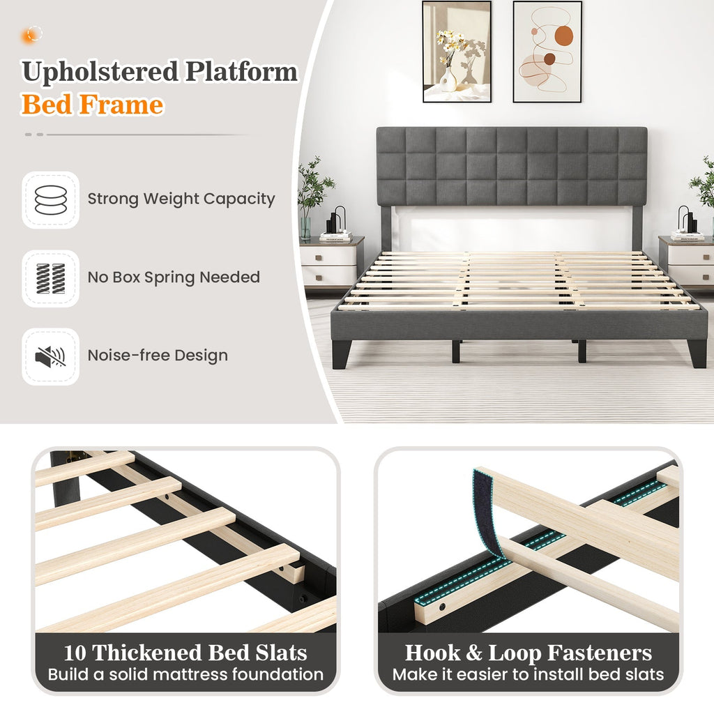 King Size Modern Linen Bed Frame with Adjustable Headboard-Gray