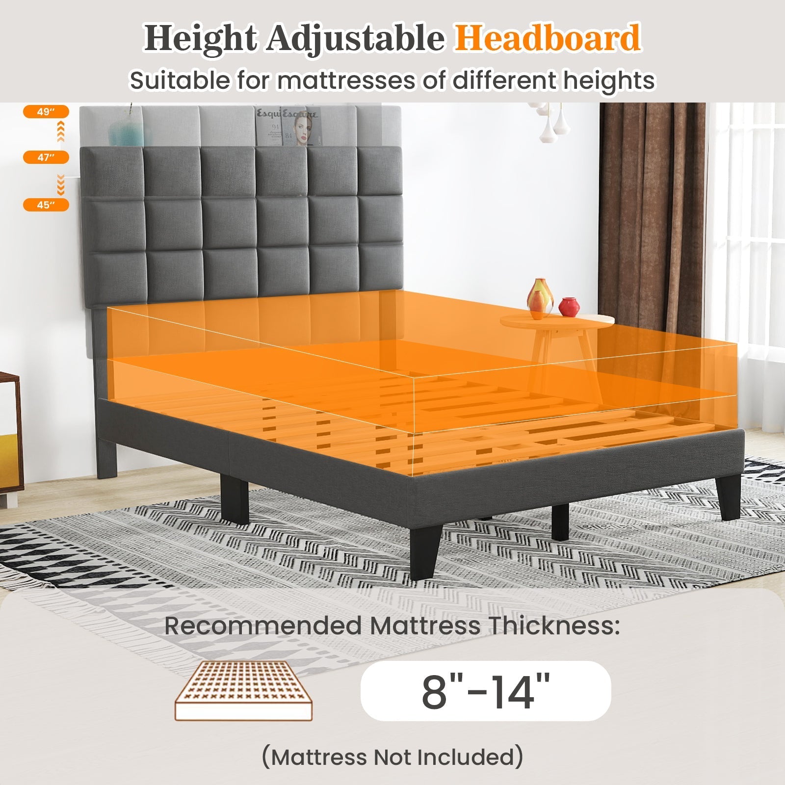 Full Size Modern Linen Bed Frame with Adjustable Headboard-Gray