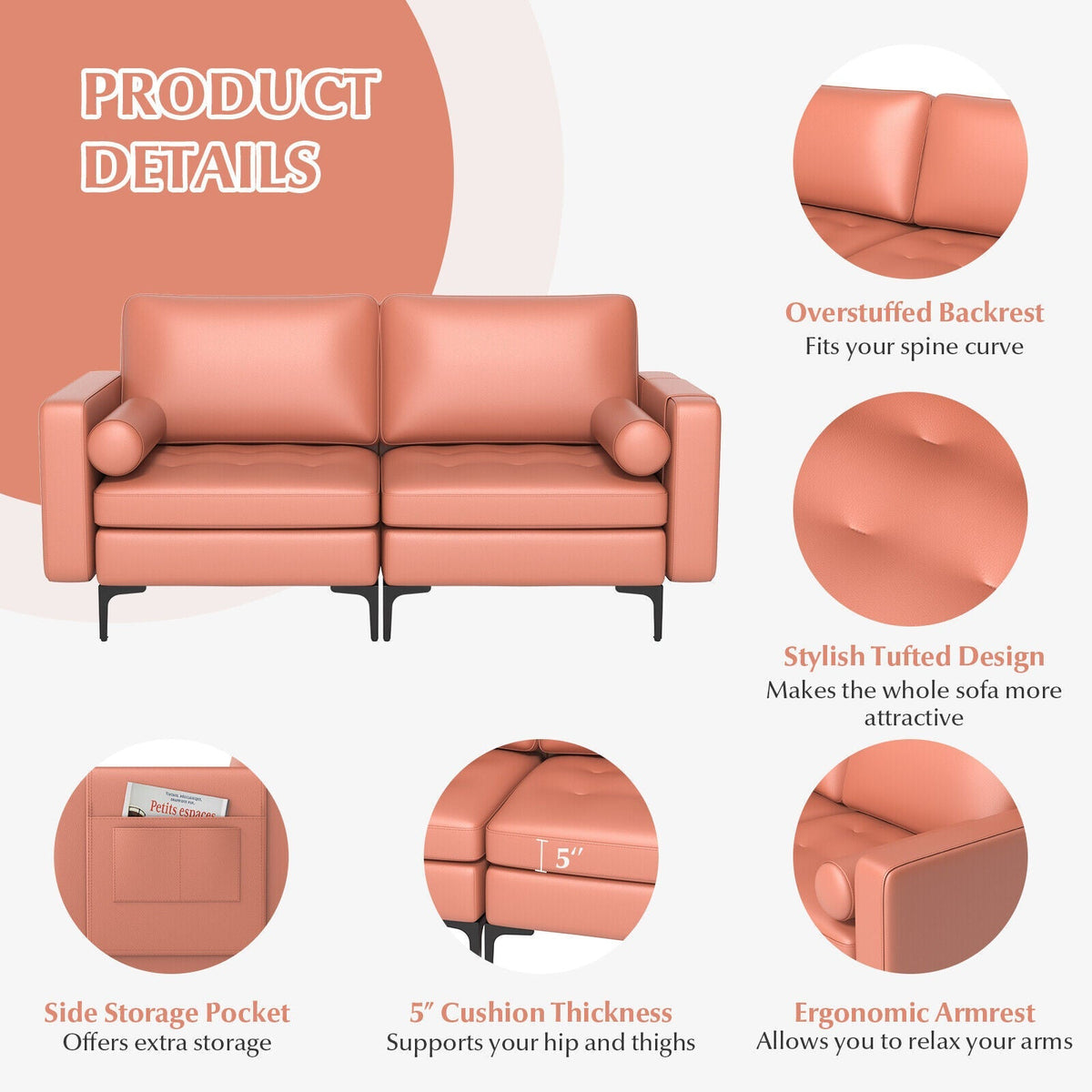 Modern Loveseat Sofa with 2 Bolsters and Side Storage Pocket