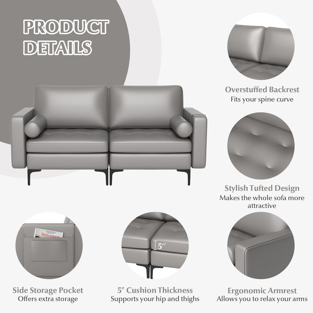 Modern Loveseat Sofa with 2 Bolsters and Side Storage Pocket