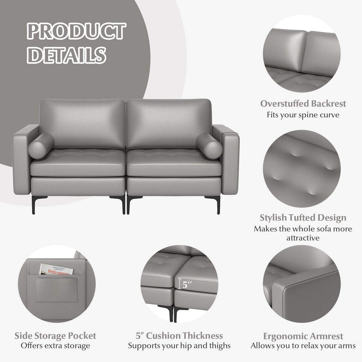 Modern Loveseat Sofa with 2 Bolsters and Side Storage Pocket