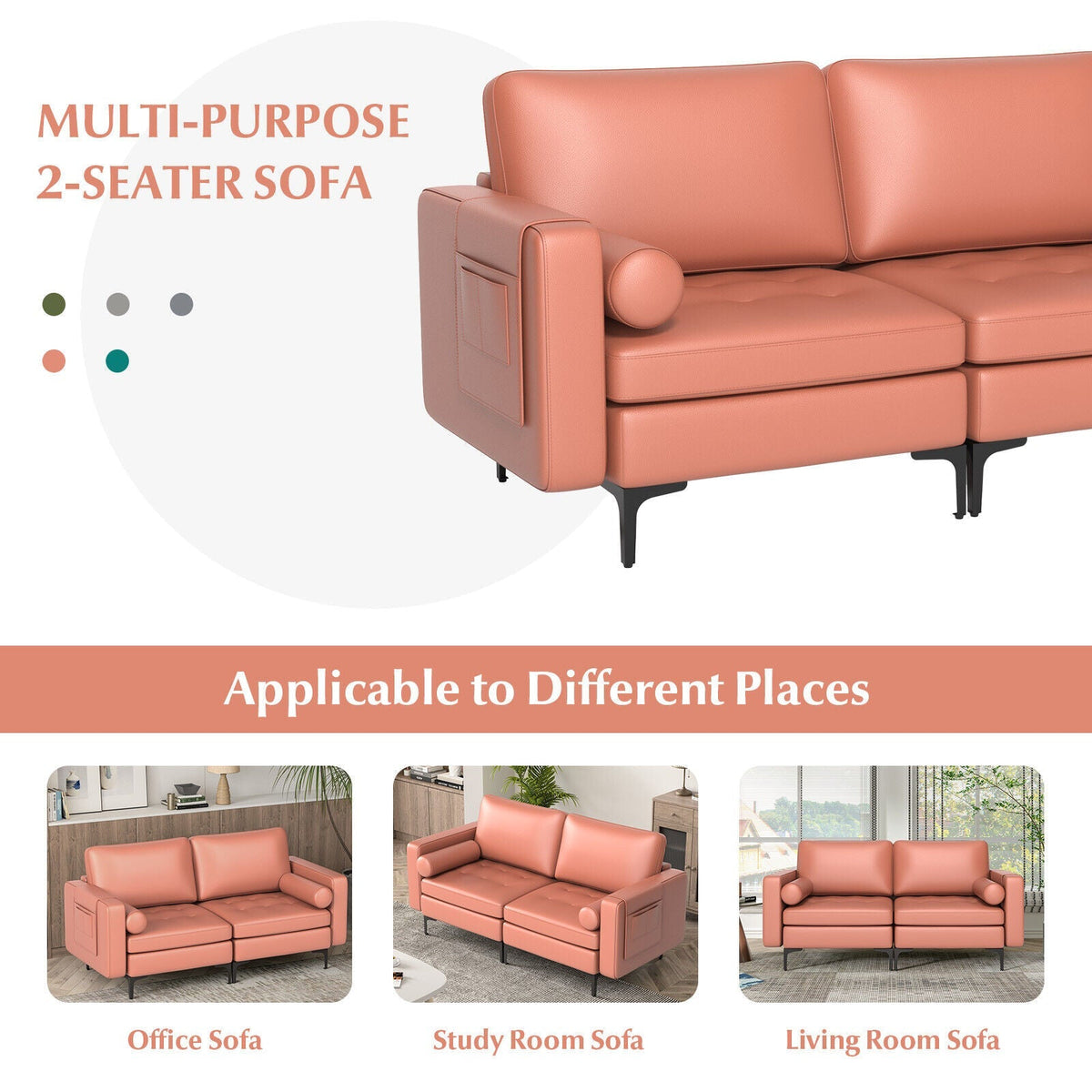 Modern Loveseat Sofa with 2 Bolsters and Side Storage Pocket