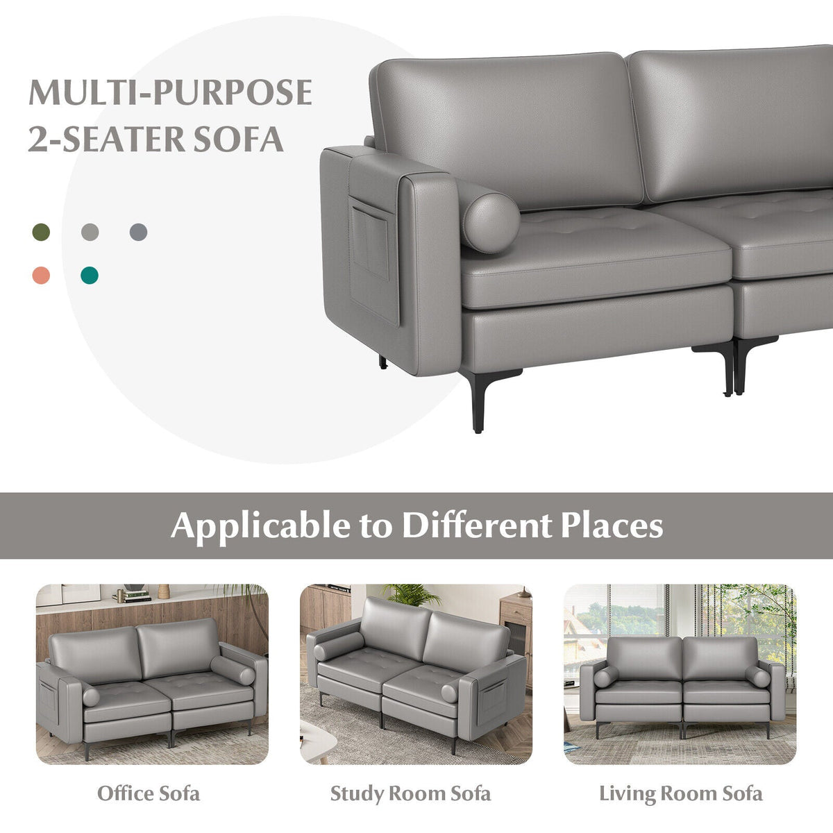 Modern Loveseat Sofa with 2 Bolsters and Side Storage Pocket