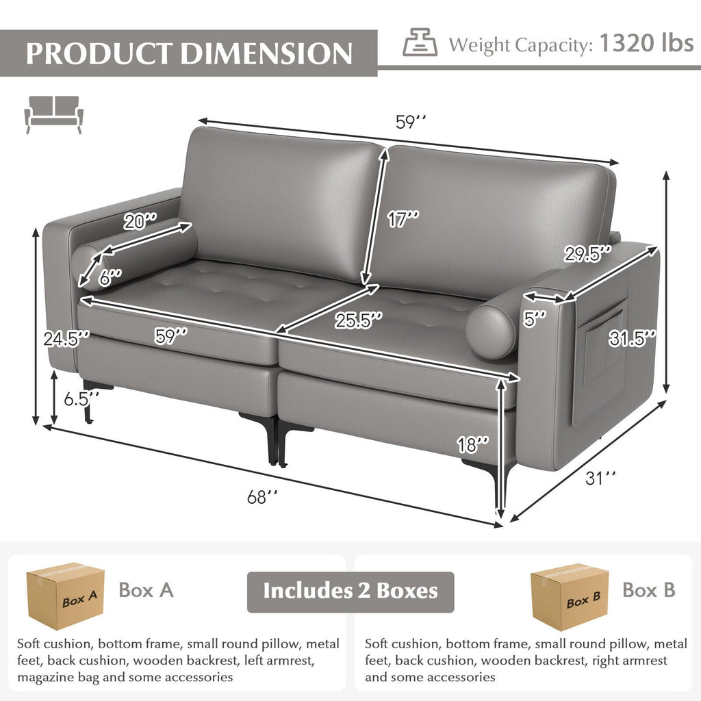 Modern Loveseat Sofa with 2 Bolsters and Side Storage Pocket