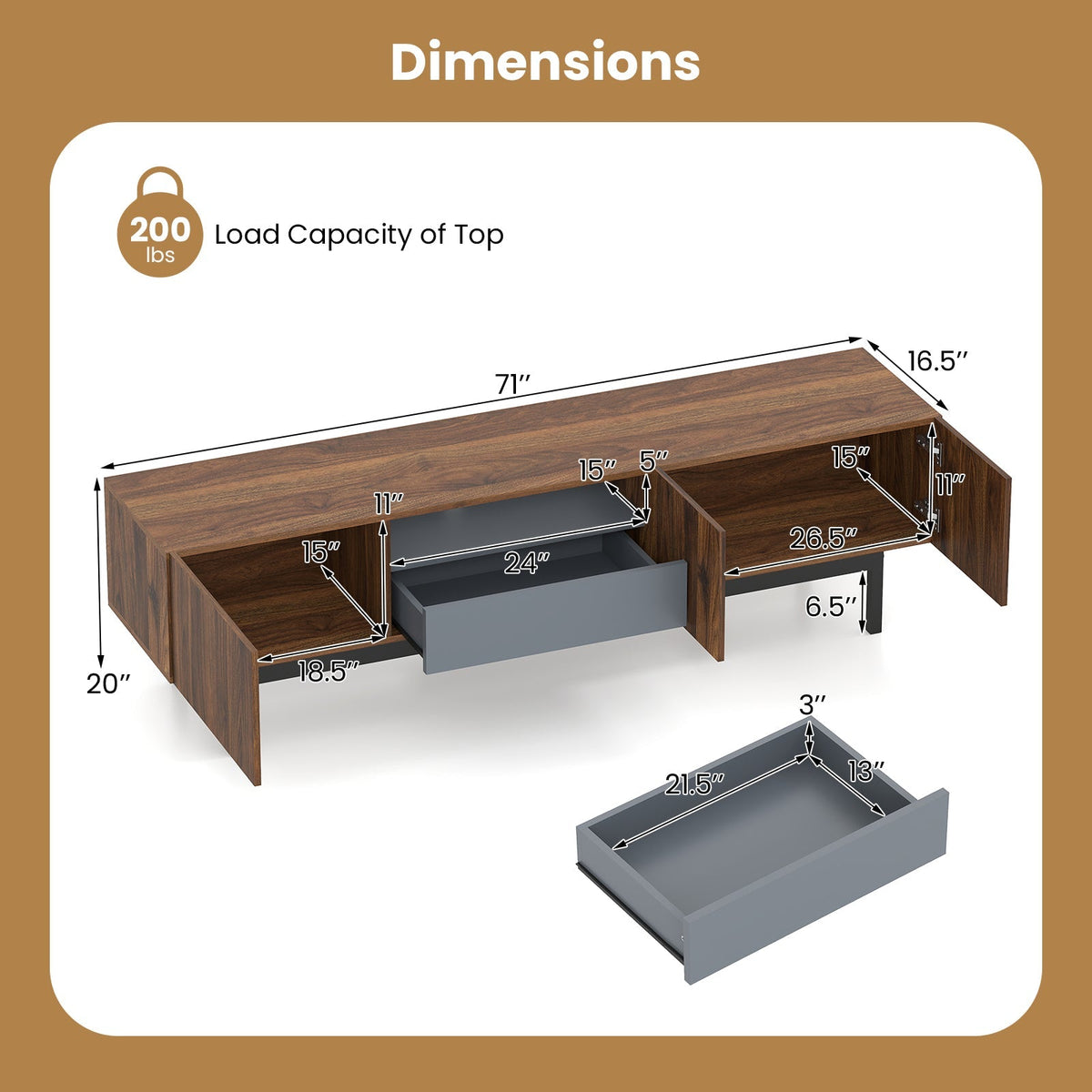 Modern Mid Century TV Cabinetfor TVs up to 82" with Drawer-Walnut