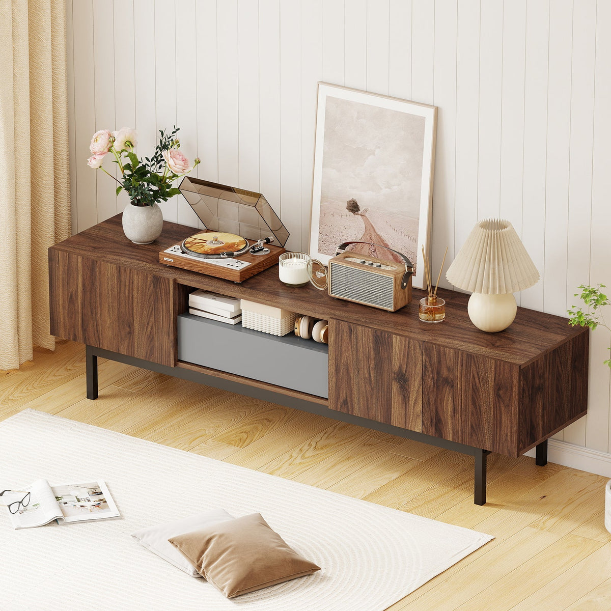 Modern Mid Century TV Cabinetfor TVs up to 82" with Drawer-Walnut