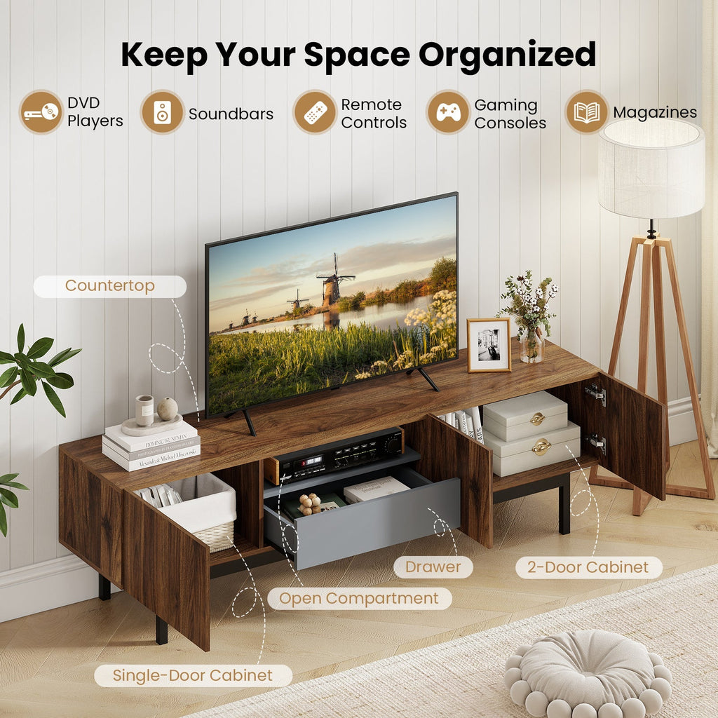 Modern Mid Century TV Cabinetfor TVs up to 82" with Drawer-Walnut
