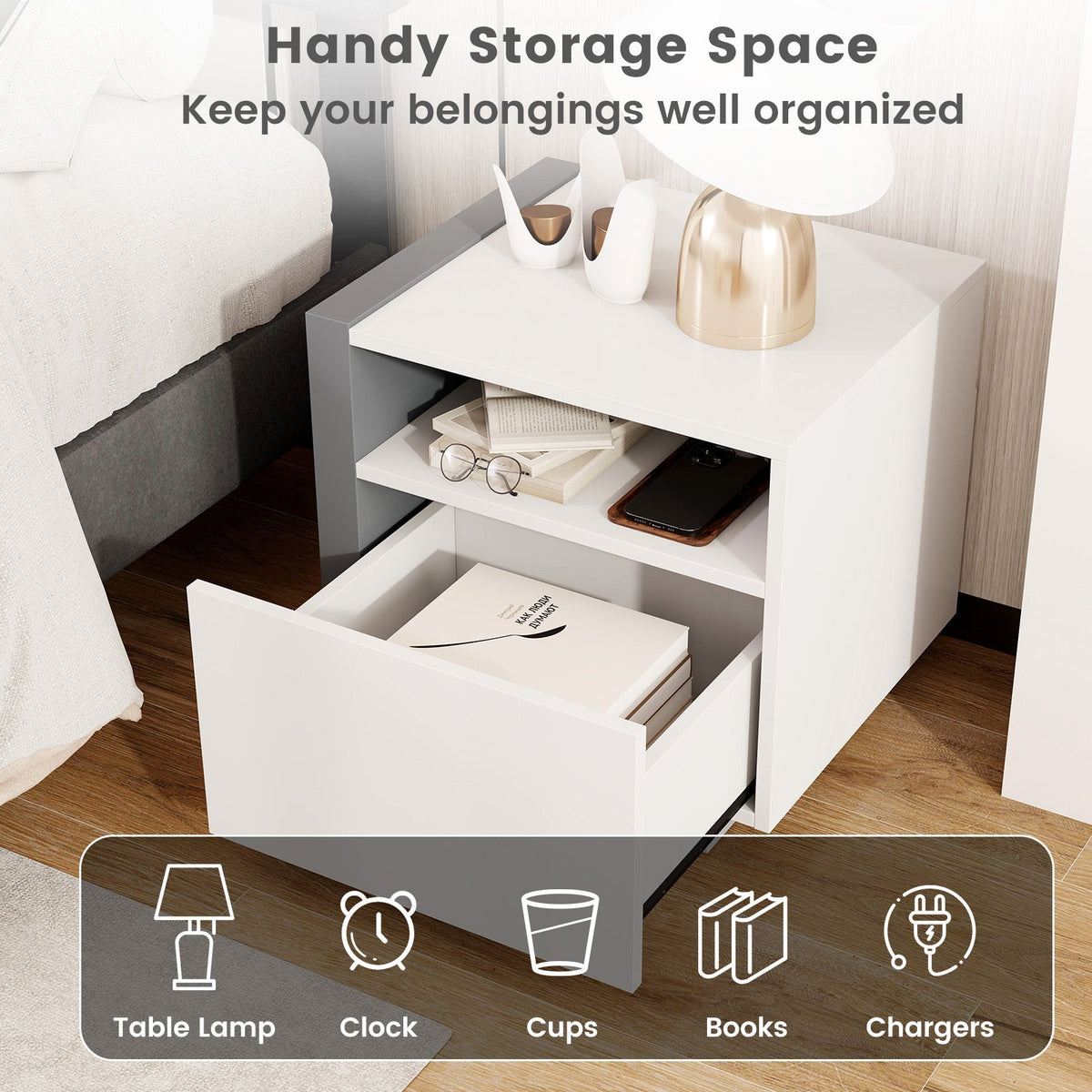 Modern Minimalist Nightstand with Drawer for Bedroom