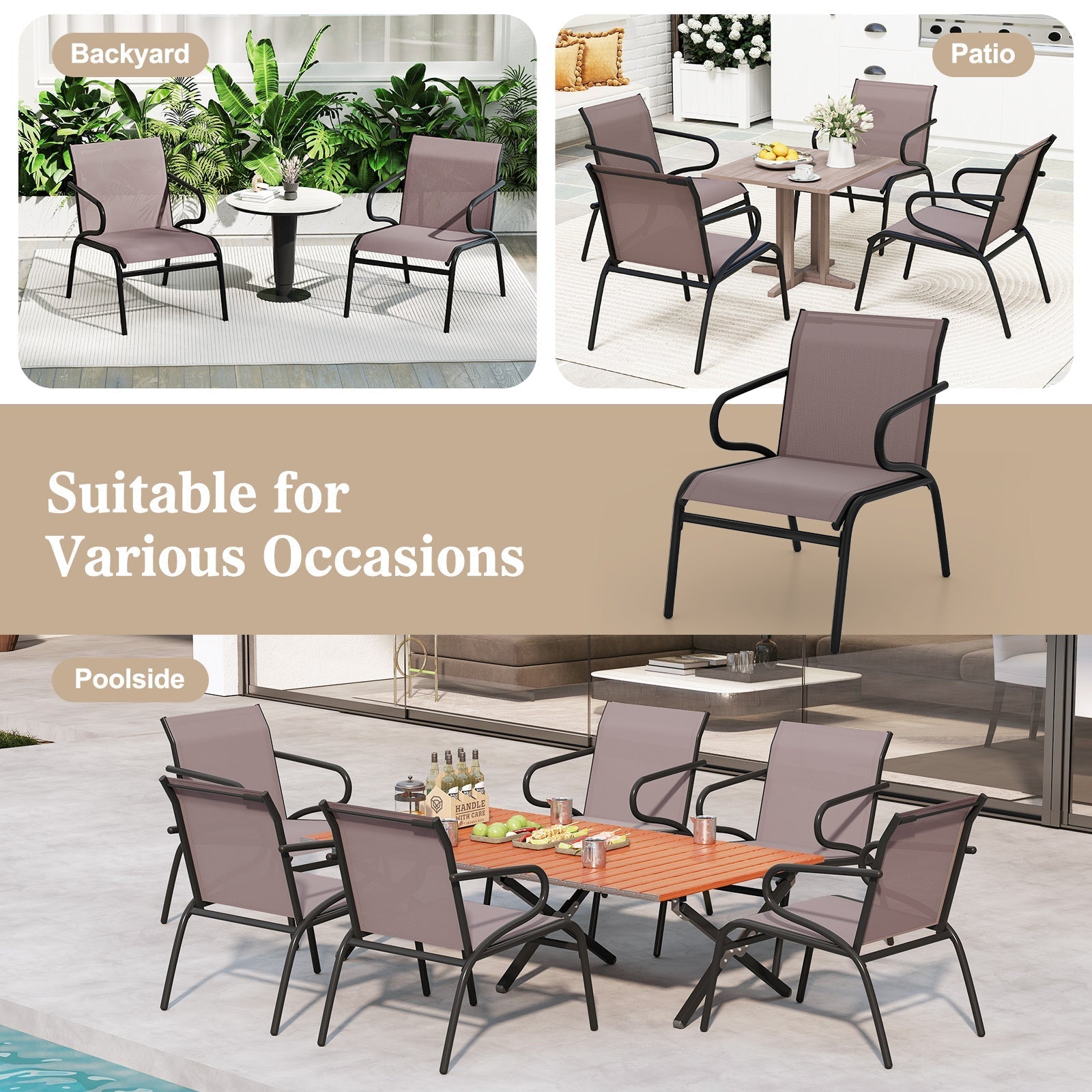 Modern Patio Chairs Set of 2 with Breathable Fabric for Porch-Coffee